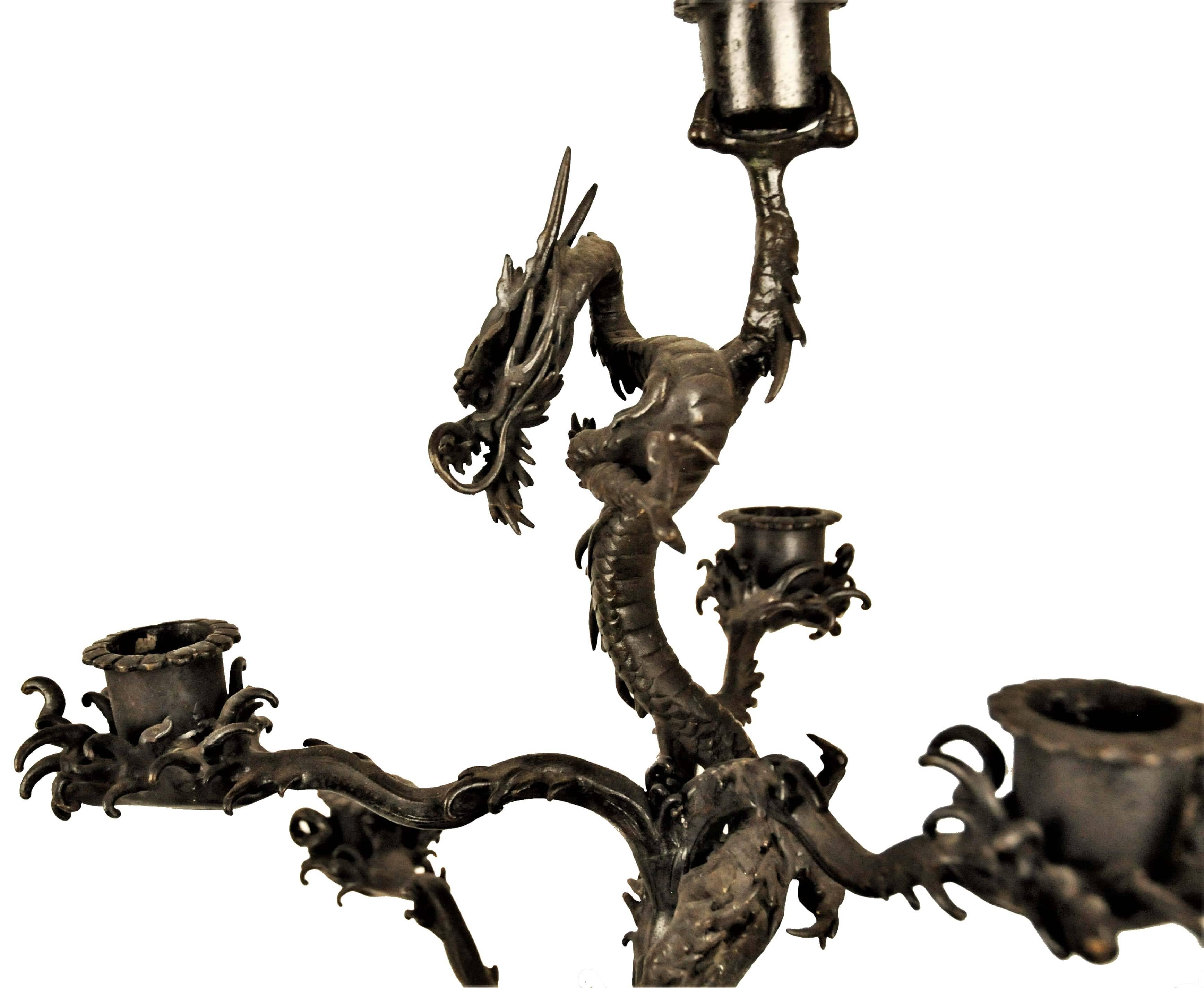 Japonisme Pair of Japanese Patinated Bronze Candelabras, Meiji Period, ca. 1900 For Sale