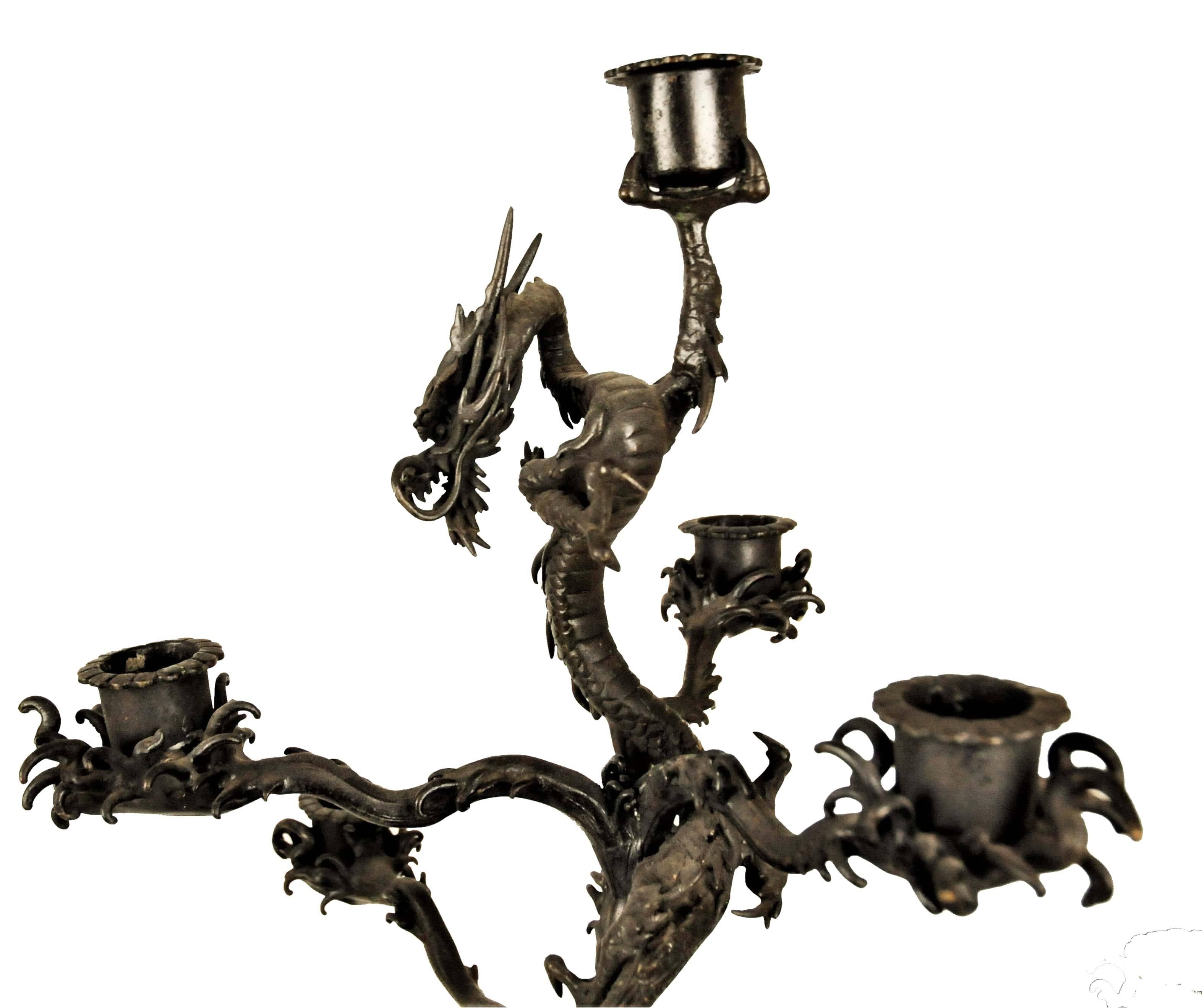 Pair of Japanese Patinated Bronze Candelabras, Meiji Period, ca. 1900 In Excellent Condition For Sale In New York, NY