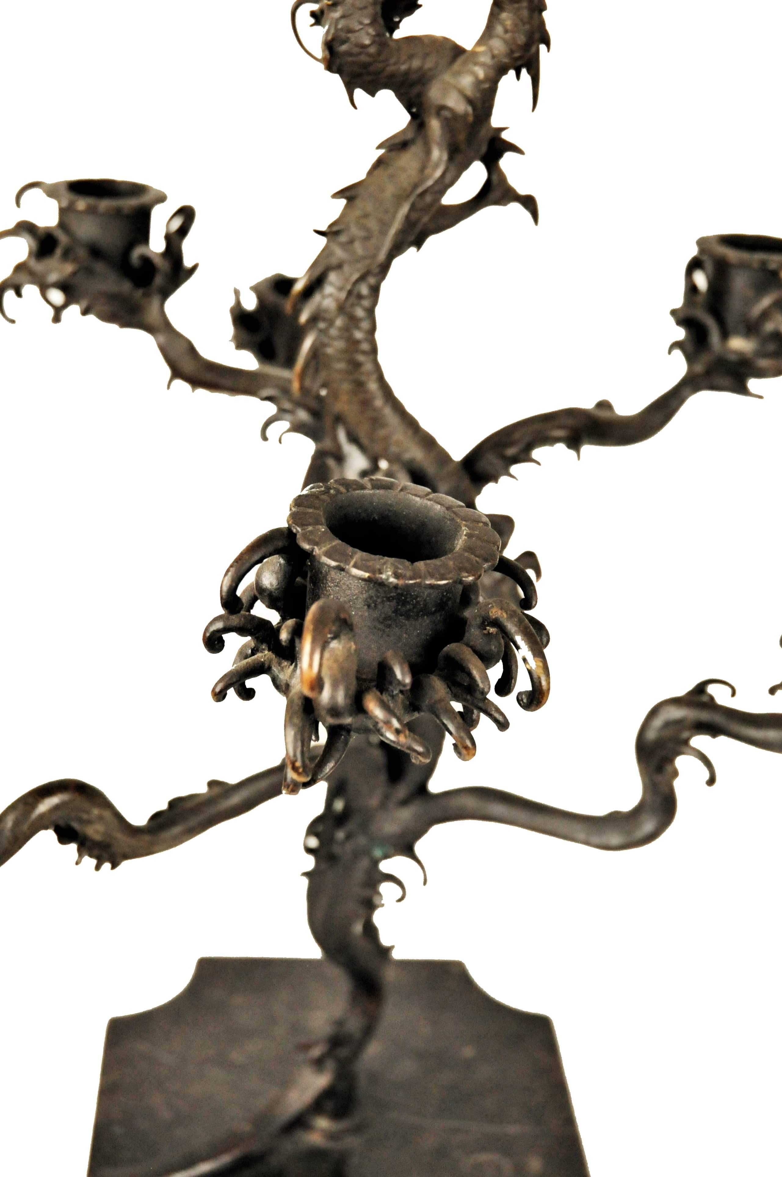 19th Century Pair of Japanese Patinated Bronze Candelabras, Meiji Period, ca. 1900 For Sale