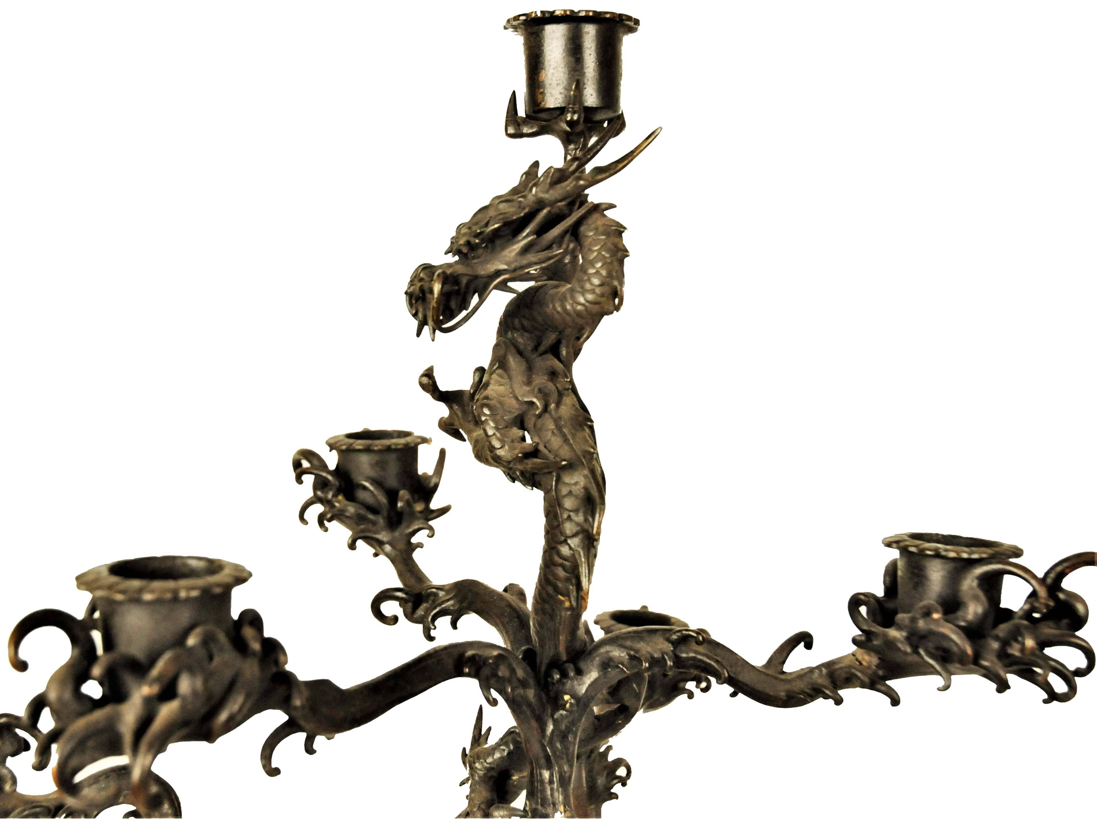 Pair of Japanese Patinated Bronze Candelabras, Meiji Period, ca. 1900 For Sale 1