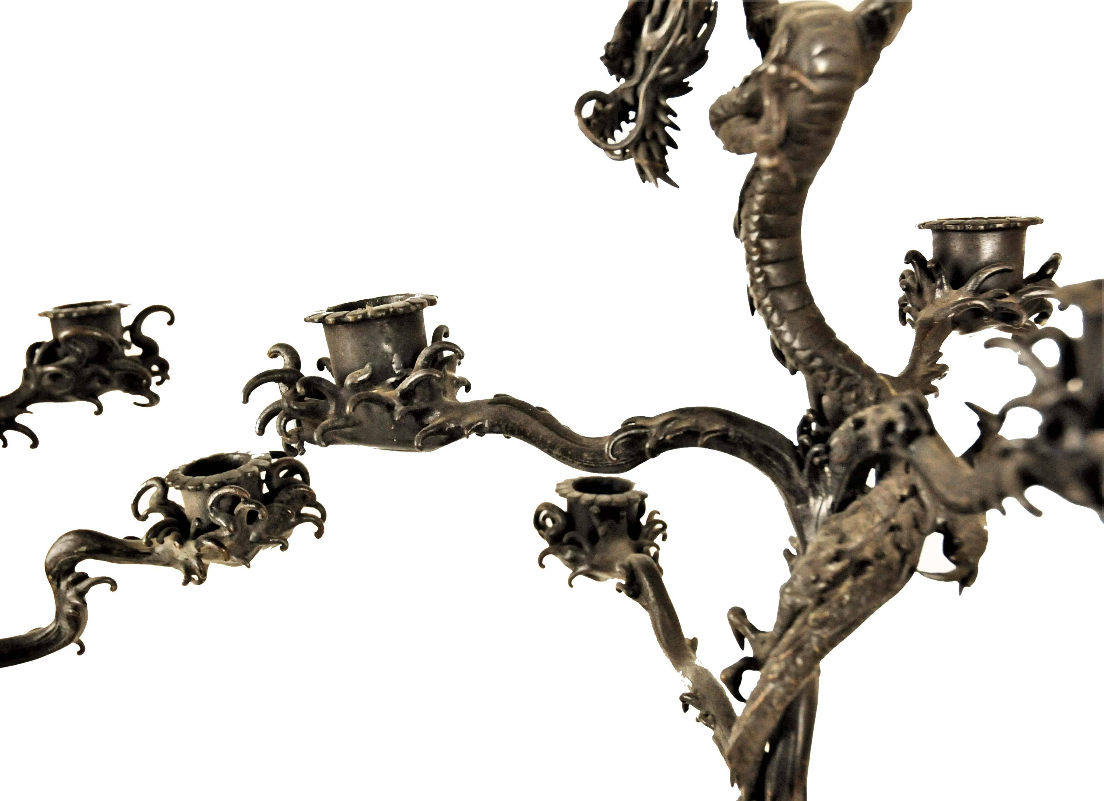 Pair of Japanese Patinated Bronze Candelabras, Meiji Period, ca. 1900 For Sale 2