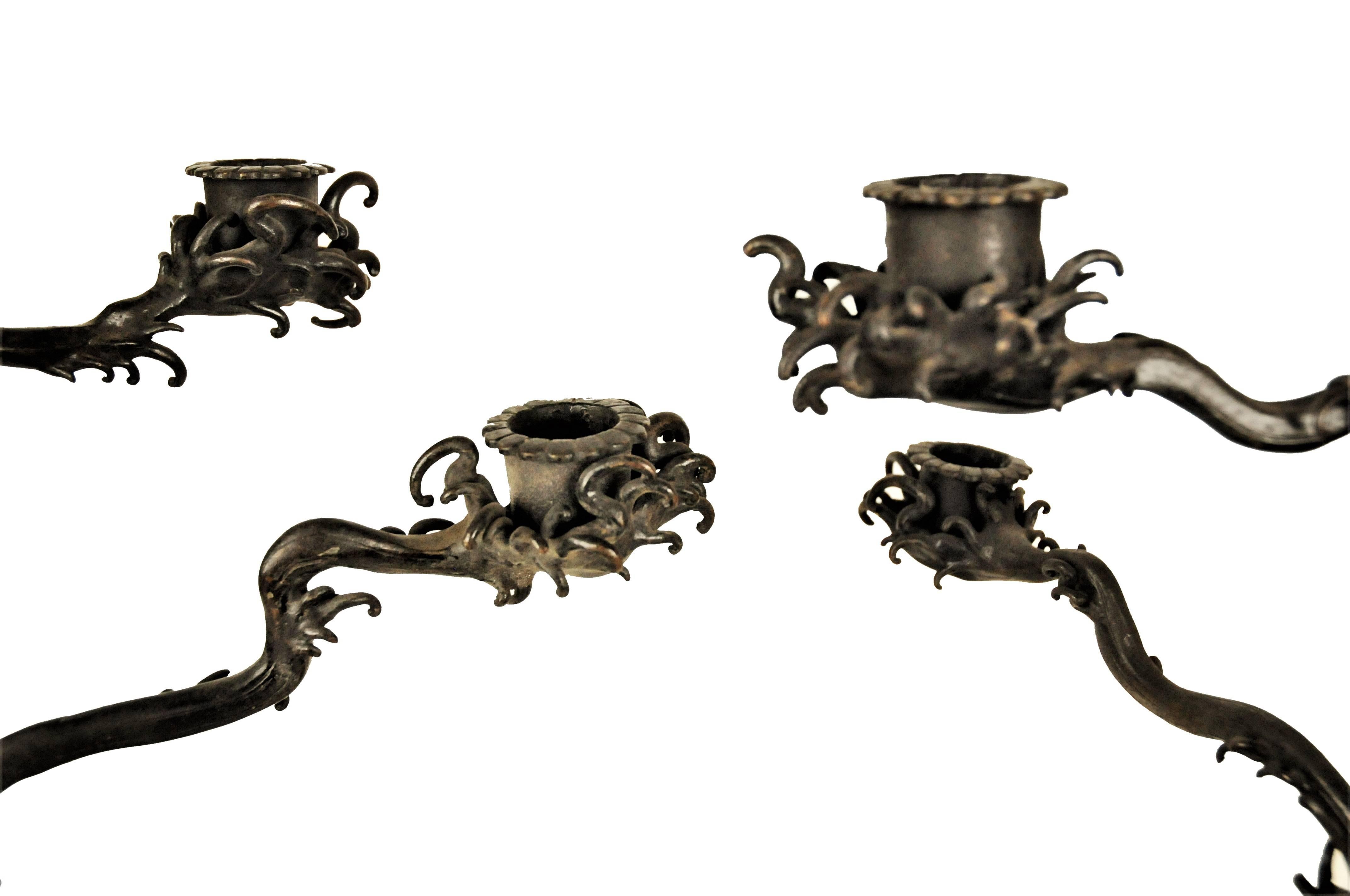 Pair of Japanese Patinated Bronze Candelabras, Meiji Period, ca. 1900 For Sale 3