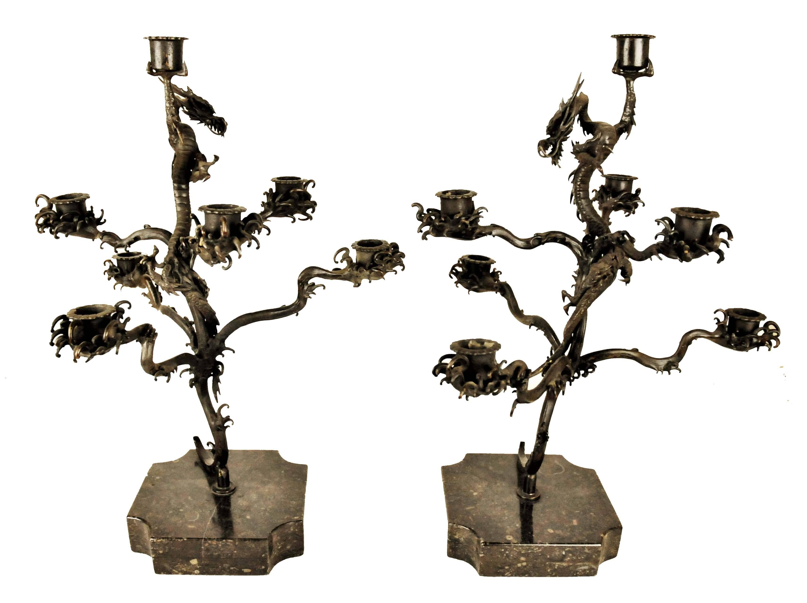 Pair of Japanese Patinated Bronze Candelabras, Meiji Period, ca. 1900 For Sale 4