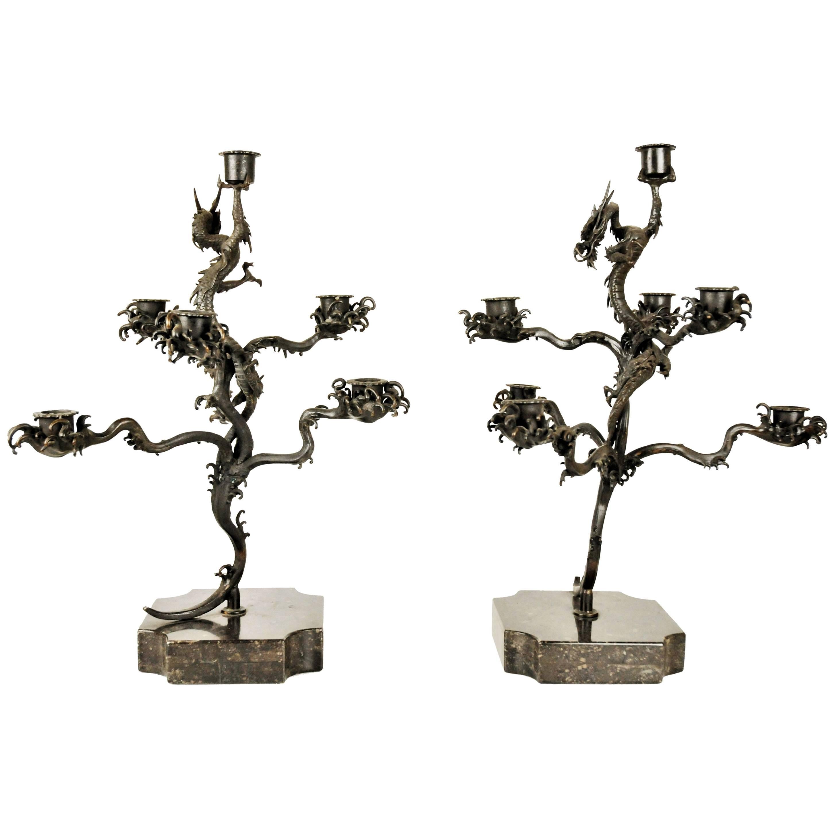 Pair of Japanese Patinated Bronze Candelabras, Meiji Period, ca. 1900 For Sale