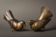 Pair of Japanese Patinated Bronze Pigeons