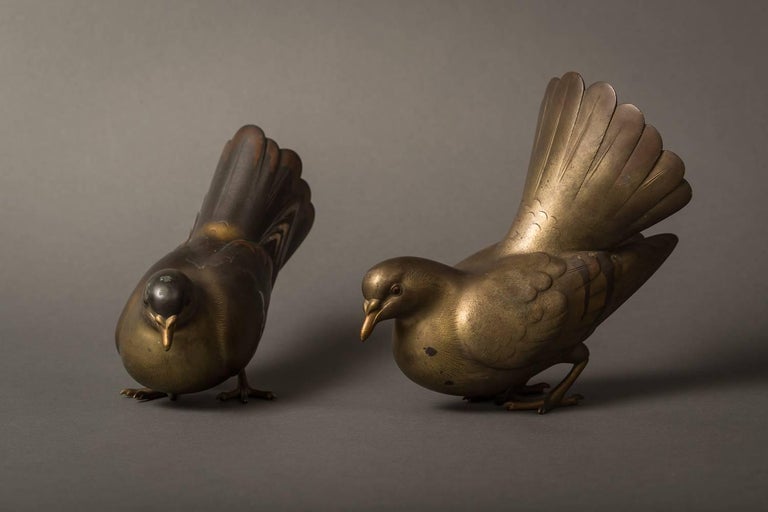 Pair of Japanese Patinated Bronze Pigeons at 1stDibs