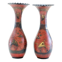 Vintage Pair of Japanese Polychromed Vases