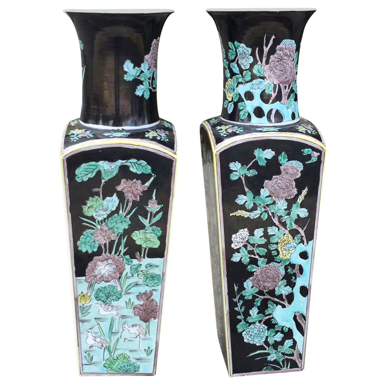 Pair of Japanese Porcelain Famille Noire Vases with Japan Sticker For Sale