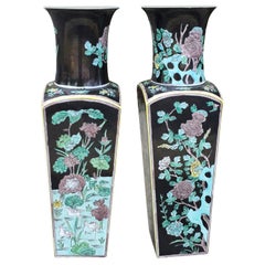 Pair of Japanese Porcelain Famille Noire Vases with Japan Sticker