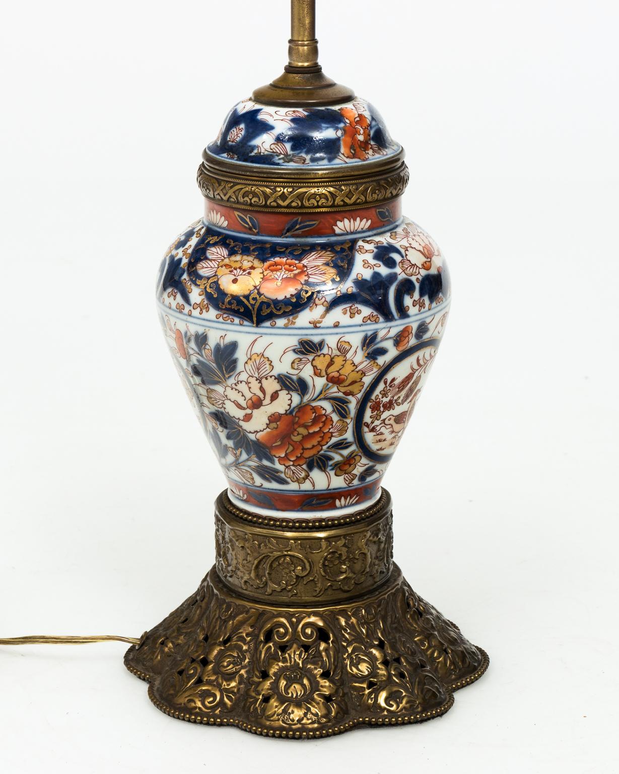 Repoussé Pair of Japanese Porcelain Lamps by Imari