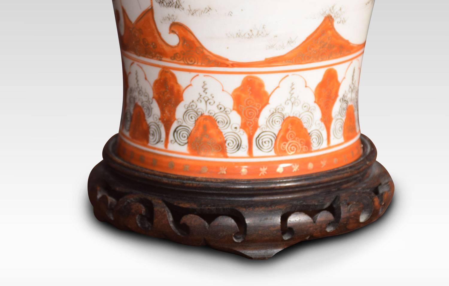 20th Century Pair of Japanese Porcelain Orange Ground Vases Lamps