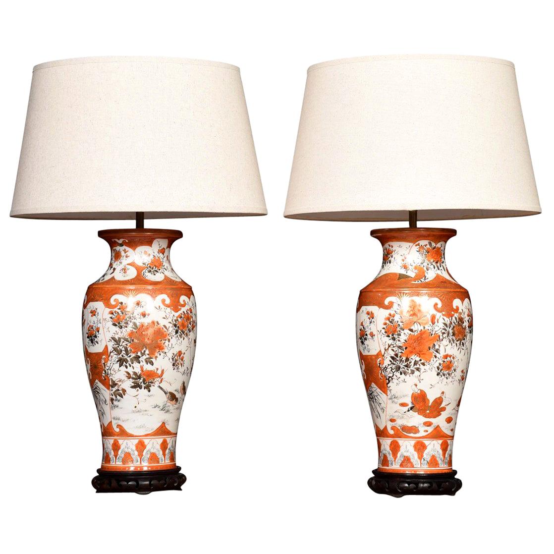Pair of Japanese Porcelain Orange Ground Vases Lamps