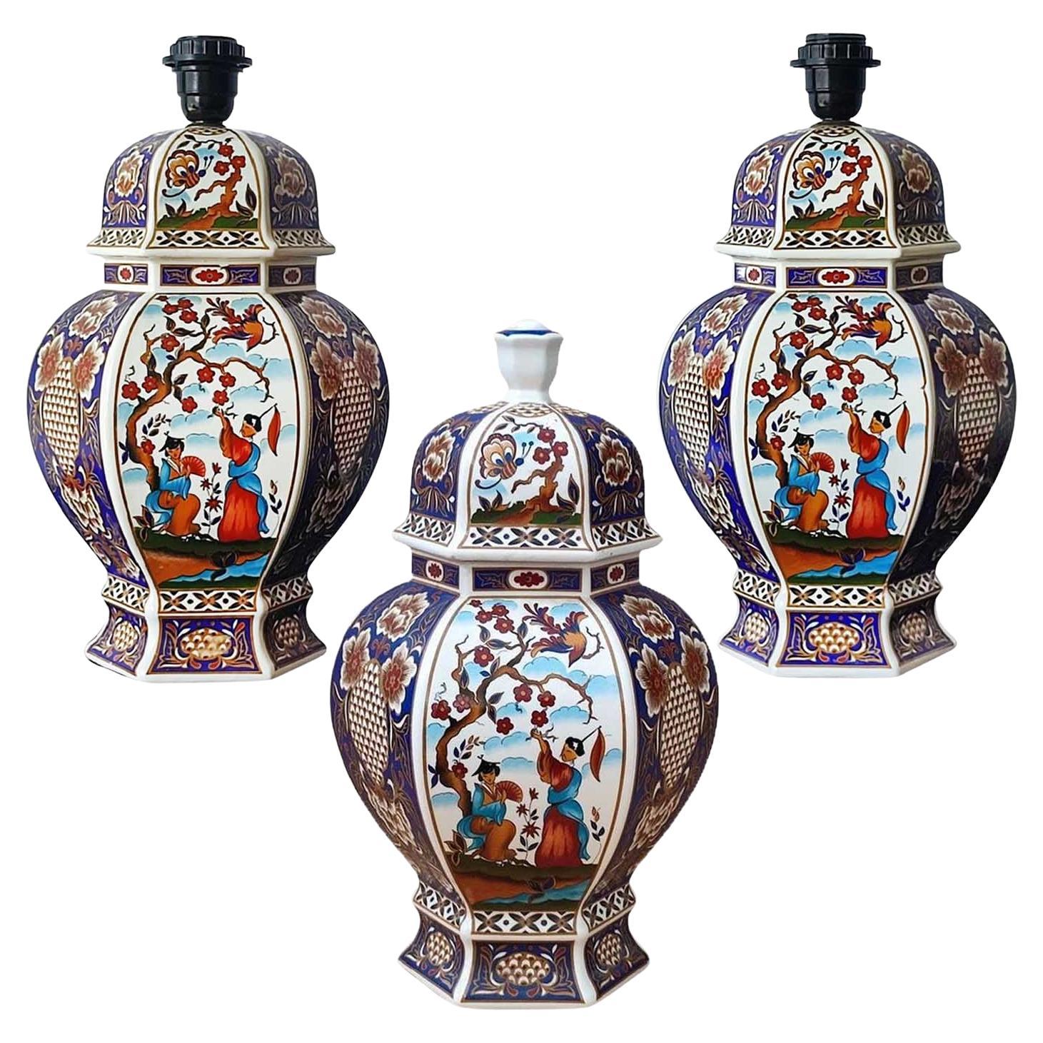 Pair of Japanese Porcelain Table Lamps and a Lidded Urn, Mid-20th Century For Sale