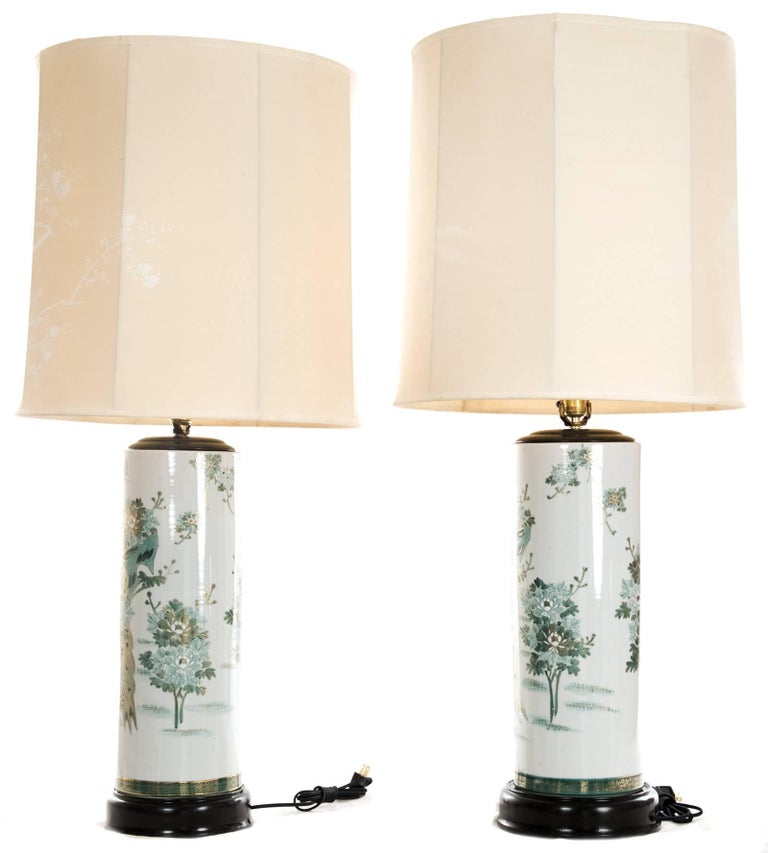 Pair of Japanese Kutani Porcelain Table Lamps with HandPainted Natural