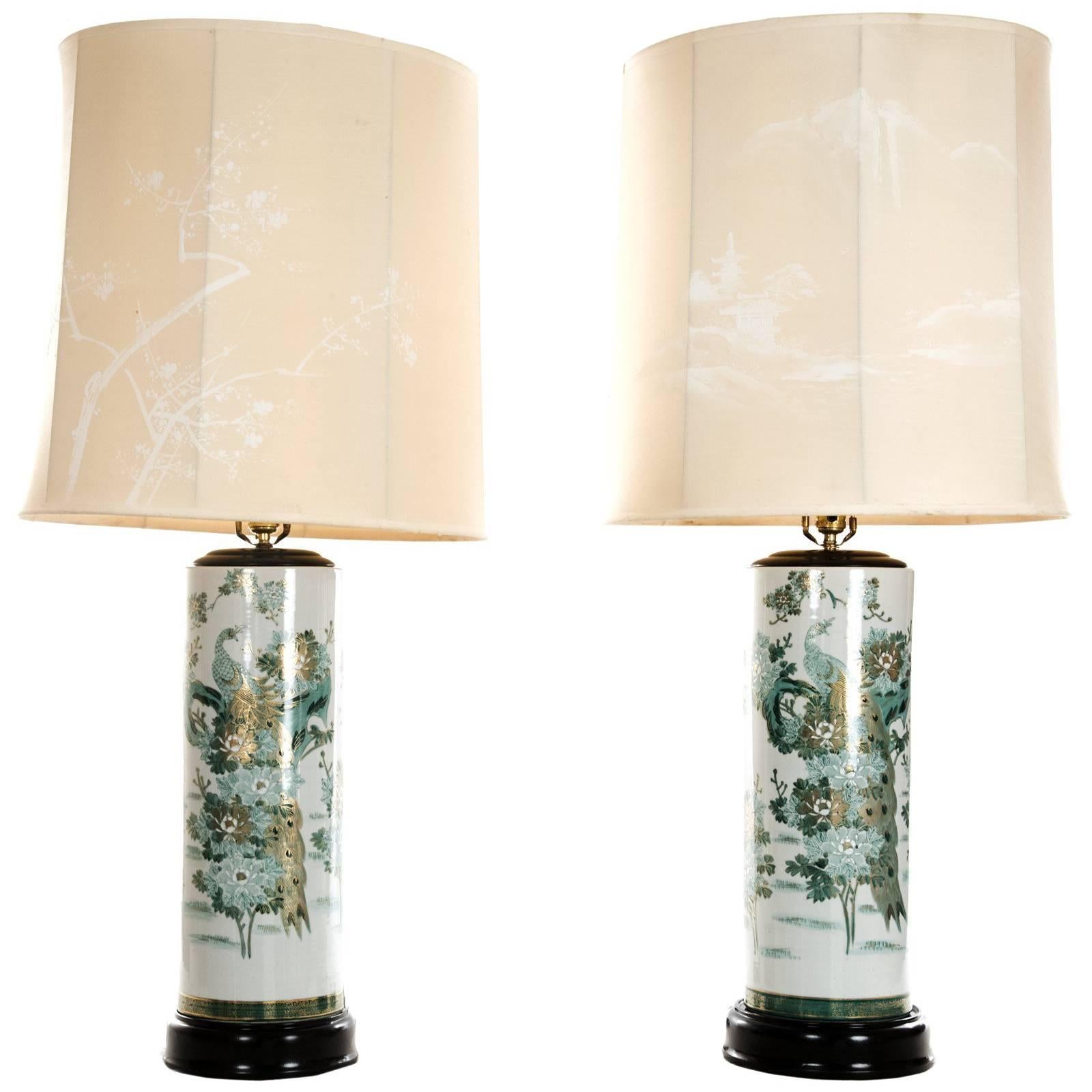 Pair of Japanese Kutani Porcelain Table Lamps with Hand-Painted Natural Imagery