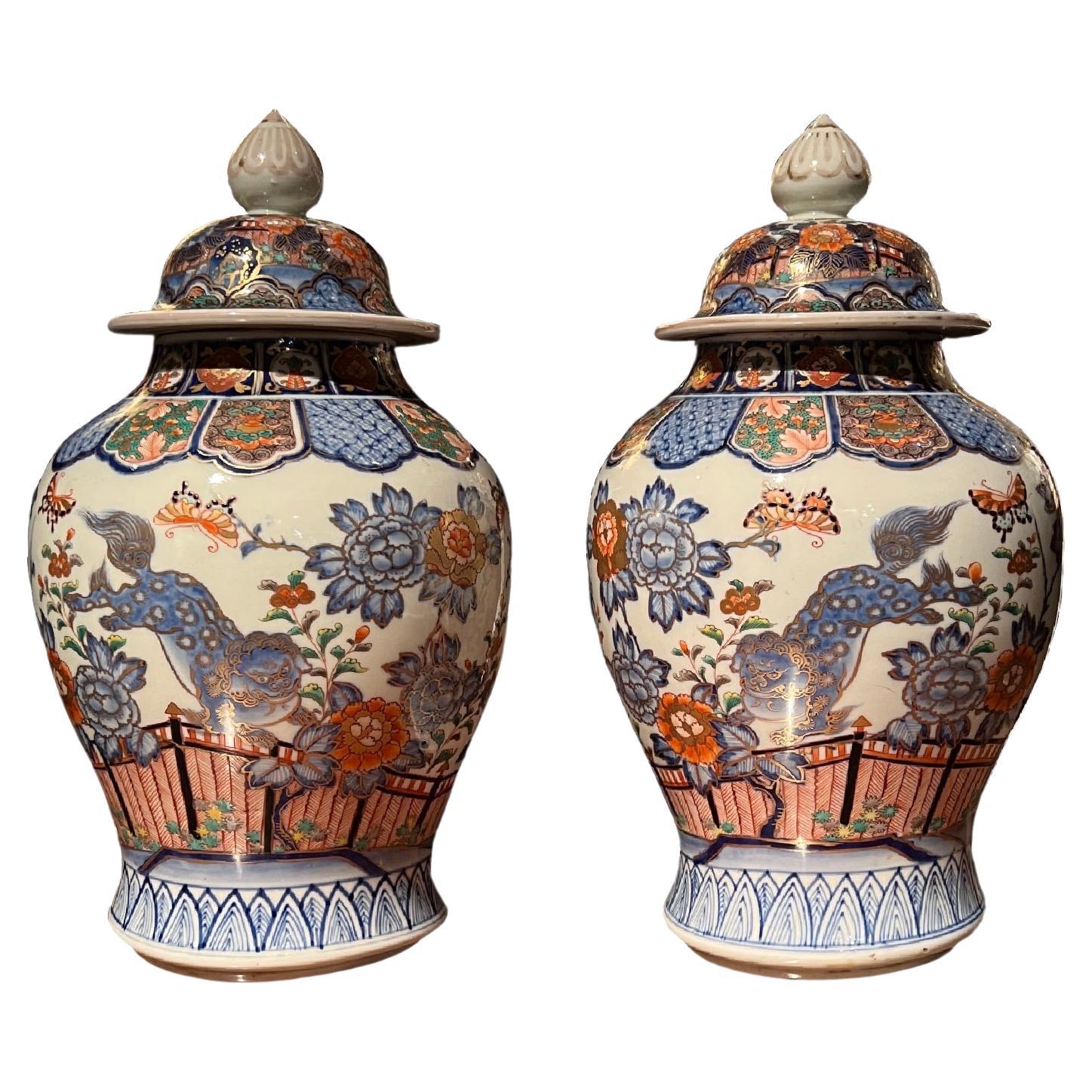  Pair of Japanese porcelain Vases, Arita Porcelain, Imari Decor, Japan, 19th c For Sale