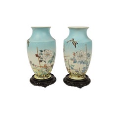 Early 1900s Pair Antiques Japanese Porcelain Vases with Flowers and Butterflies