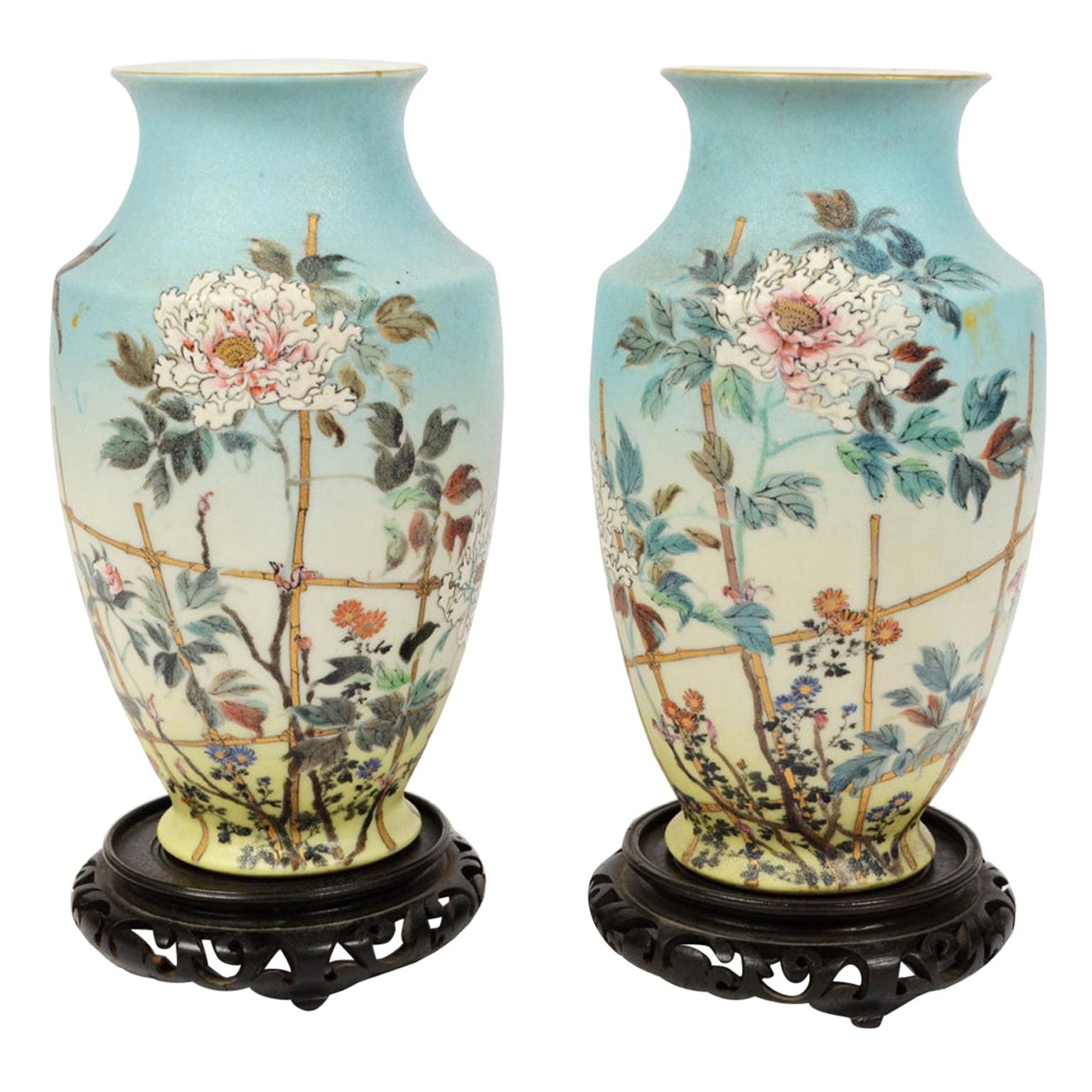 Early 1900s Pair Antiques Japanese Porcelain Vases with Flowers and Butterflies 
