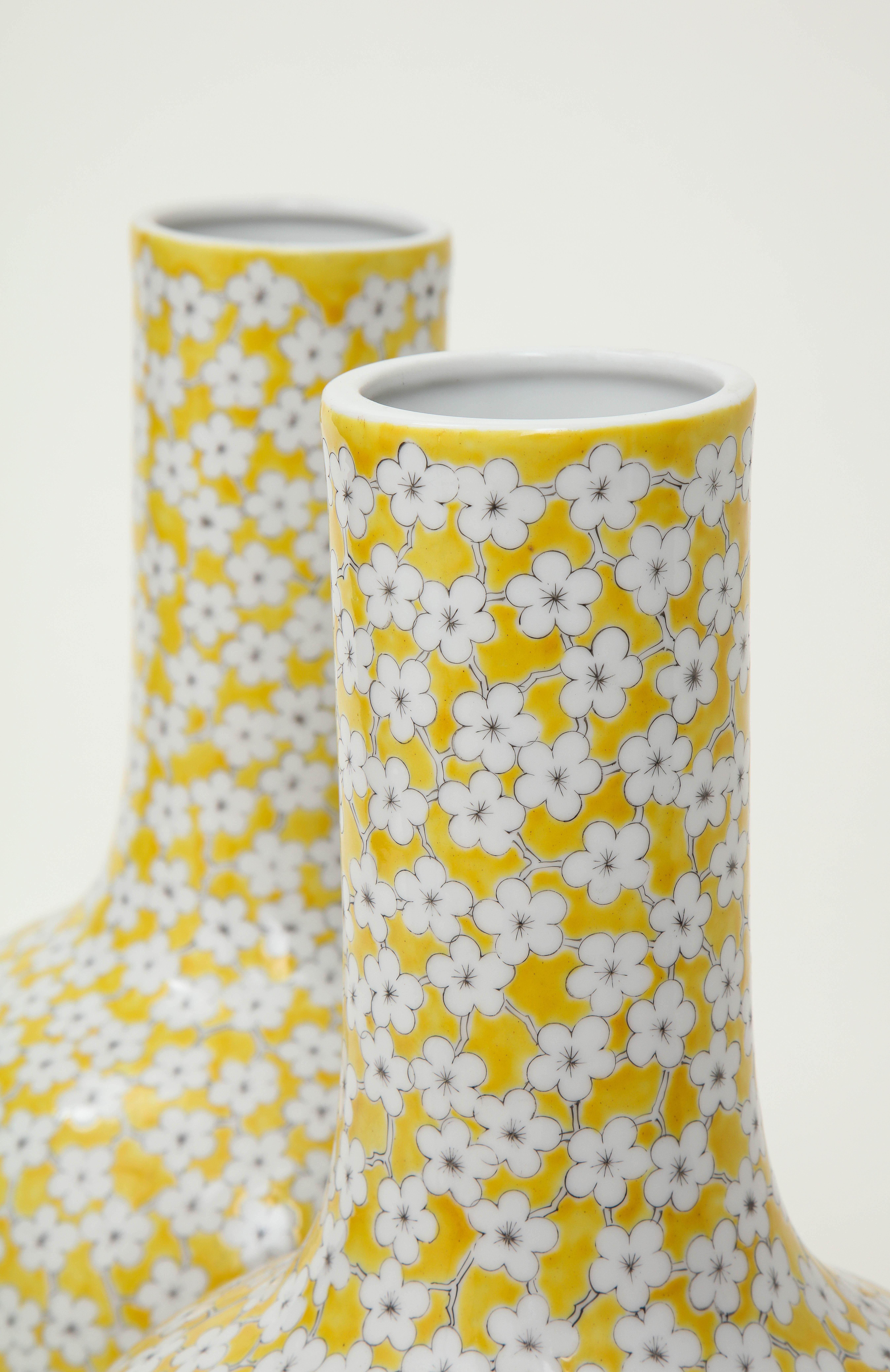20th Century Pair of Japanese Porcelain Yellow Ground Globular Vases