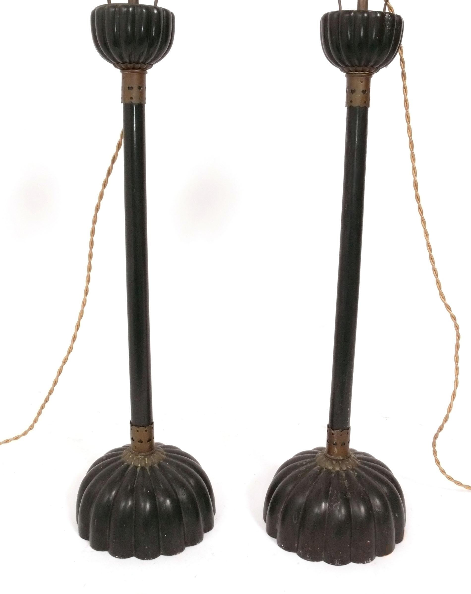 Sculptural Pair of Japanese Altar Candle Stickes converted to lamps, probably late 19th - early 20th century. Recently rewired with cloth cords. The shades are not included, but measure 11
