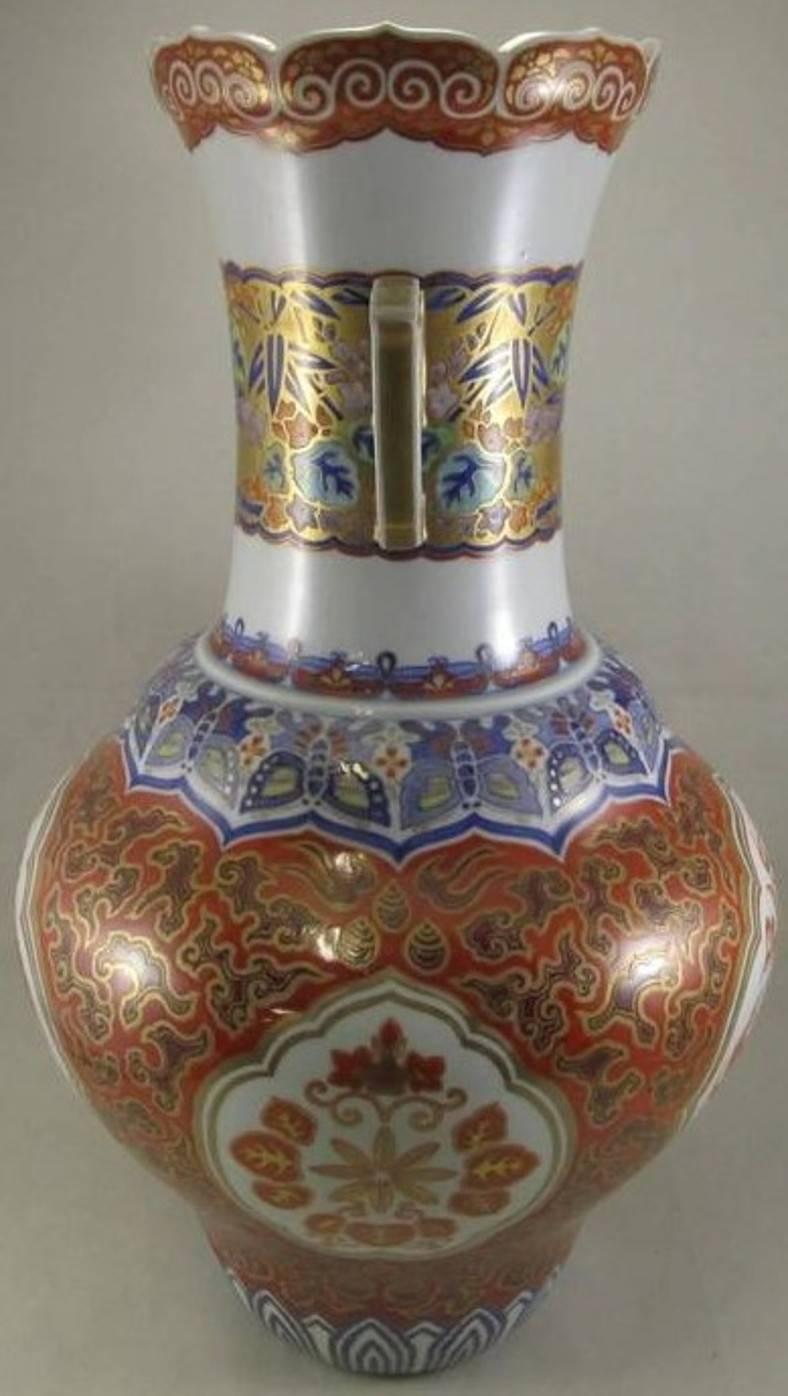 Gilt Pair of Meiji Period Japanese Gold Red Blue Porcelain Vases, circa 1880