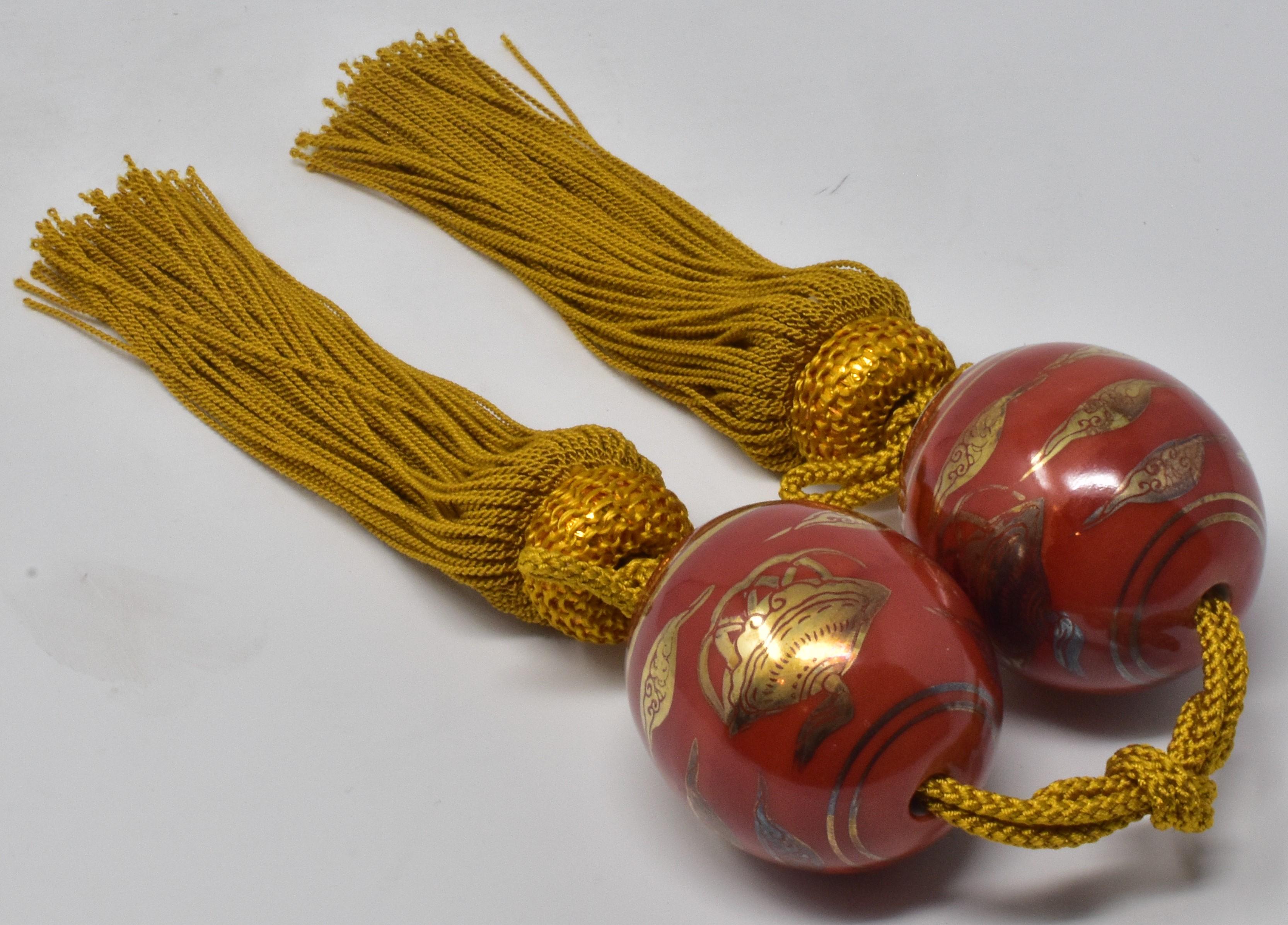 Hand-Painted Pair of Japanese Gold Red Porcelain Scroll Weights, circa 1985