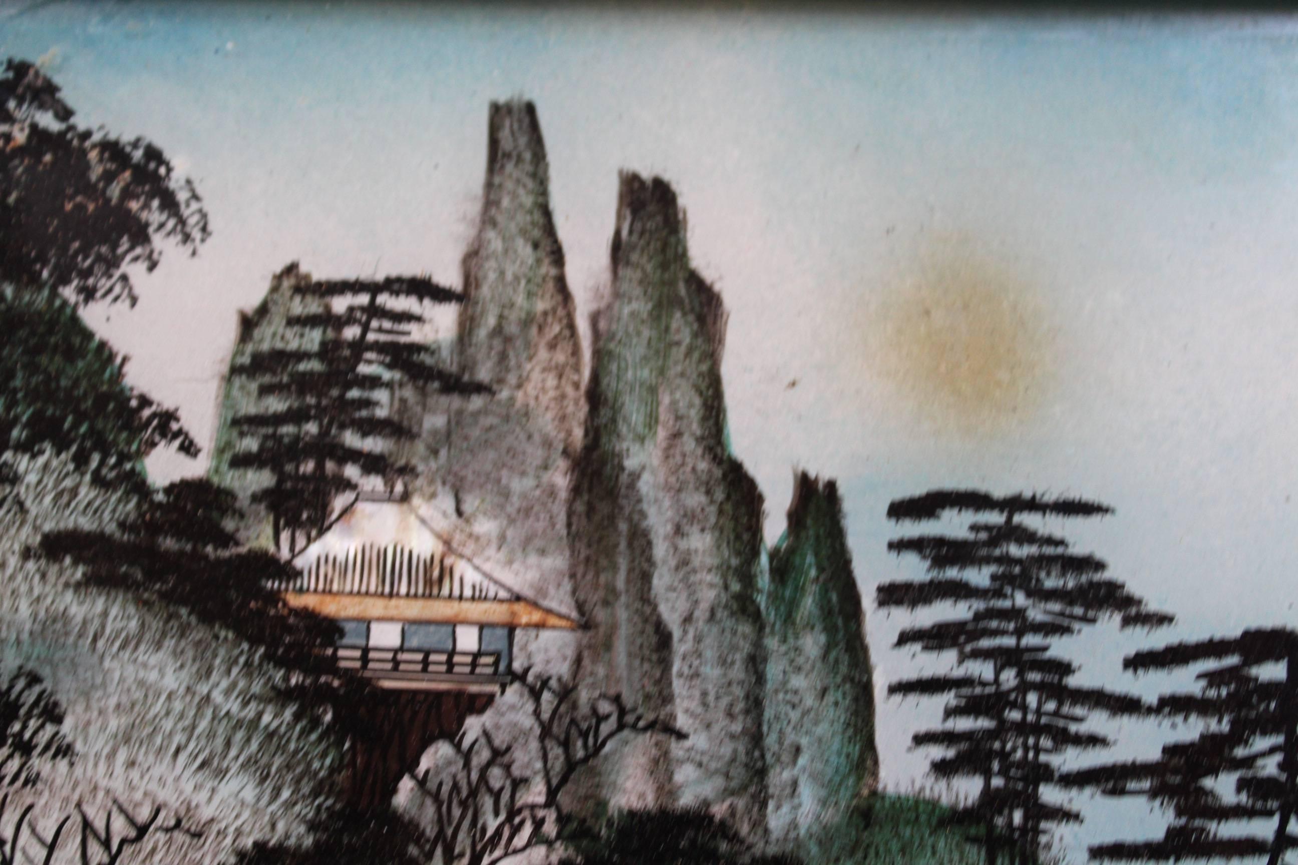 Découpage Paire de peintures japonaises en verre inversé en vente