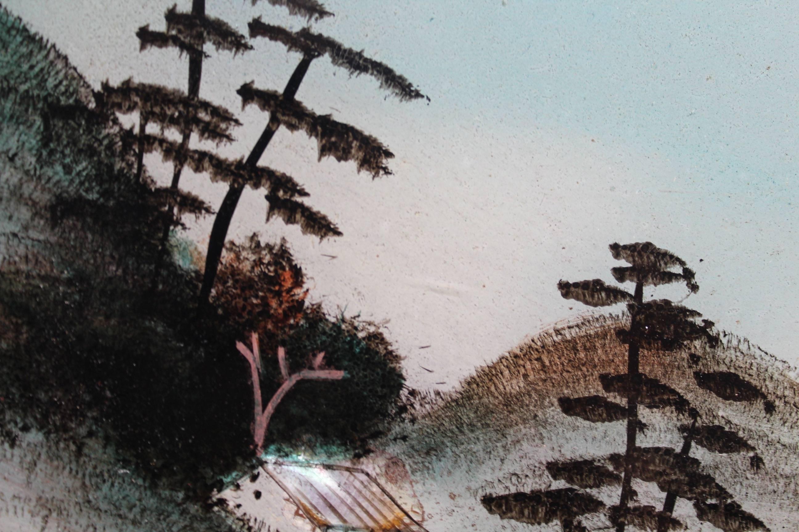 Découpage Pair of Japanese Reverse Glass Painting For Sale