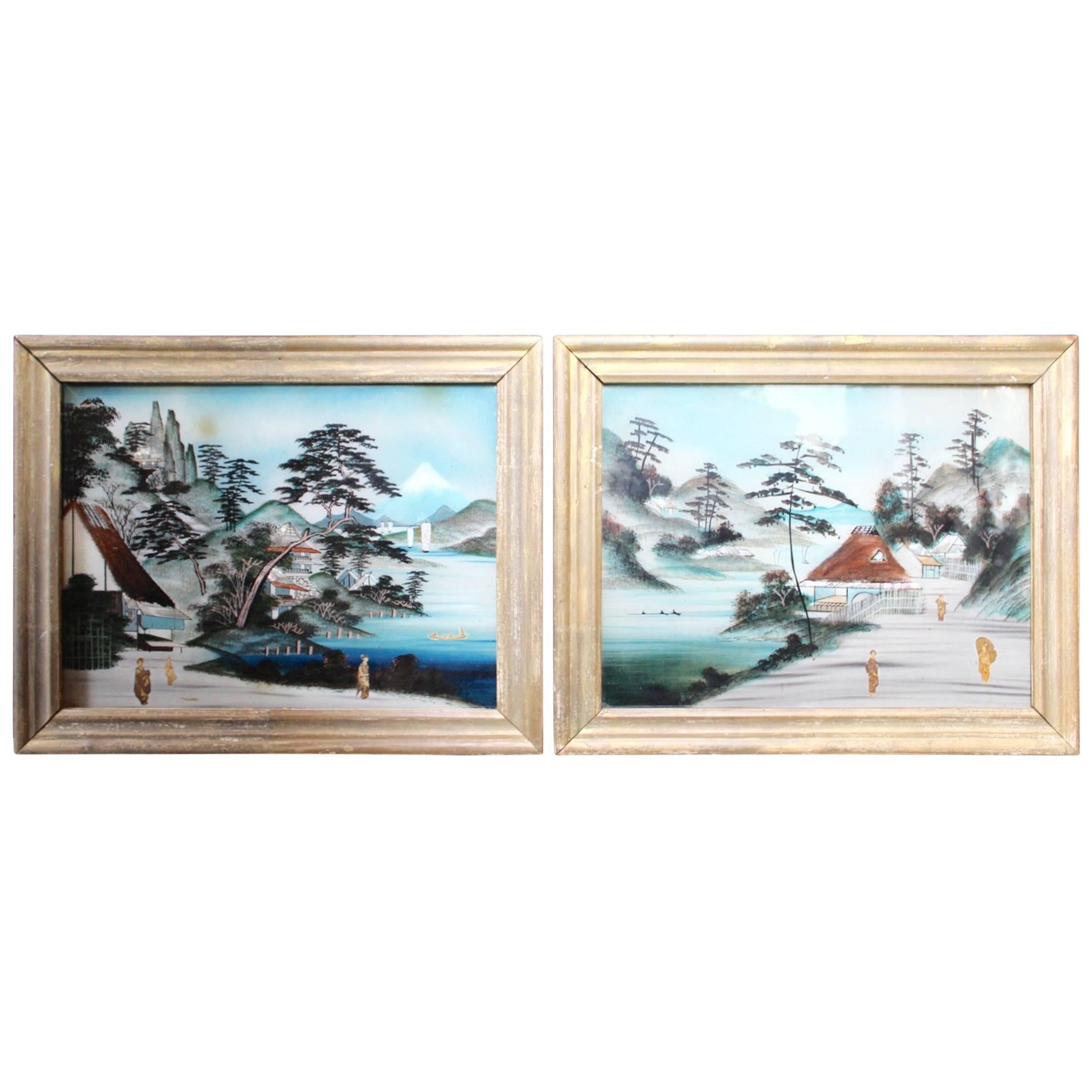Pair of Japanese Reverse Glass Painting For Sale
