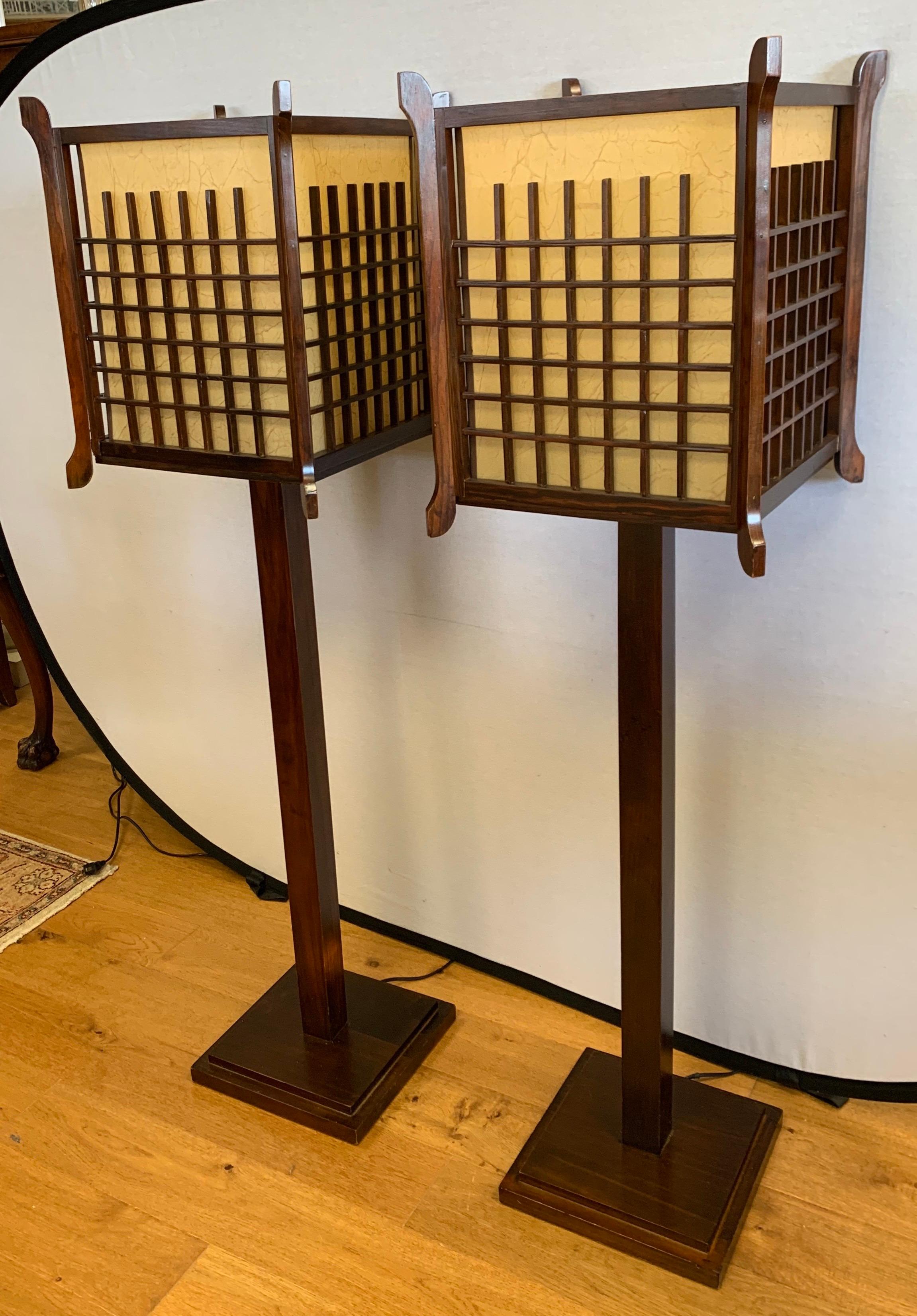 Mahogany Pair of Japanese Rice Paper Floor Lamps
