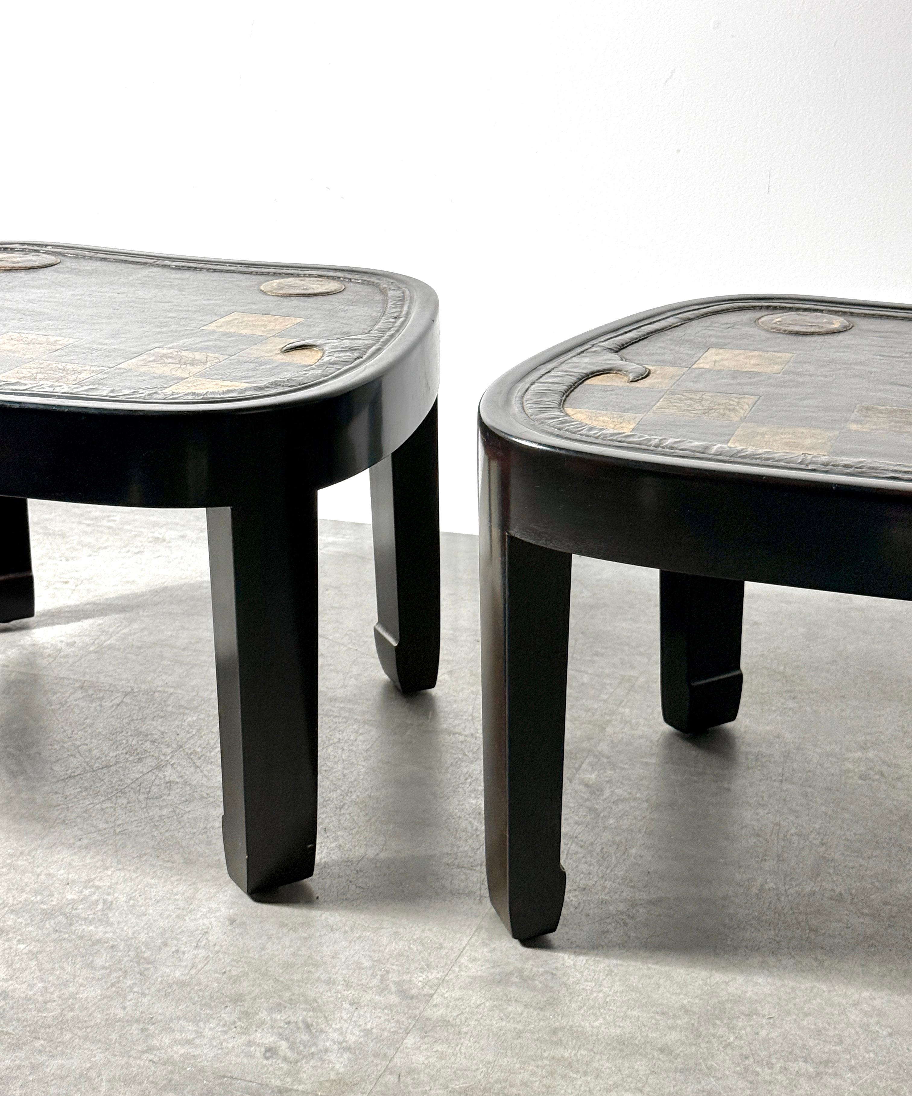 Pair of Japanese Samurai Saddle Leather Tables with Gold Checkerboard Motif For Sale 5