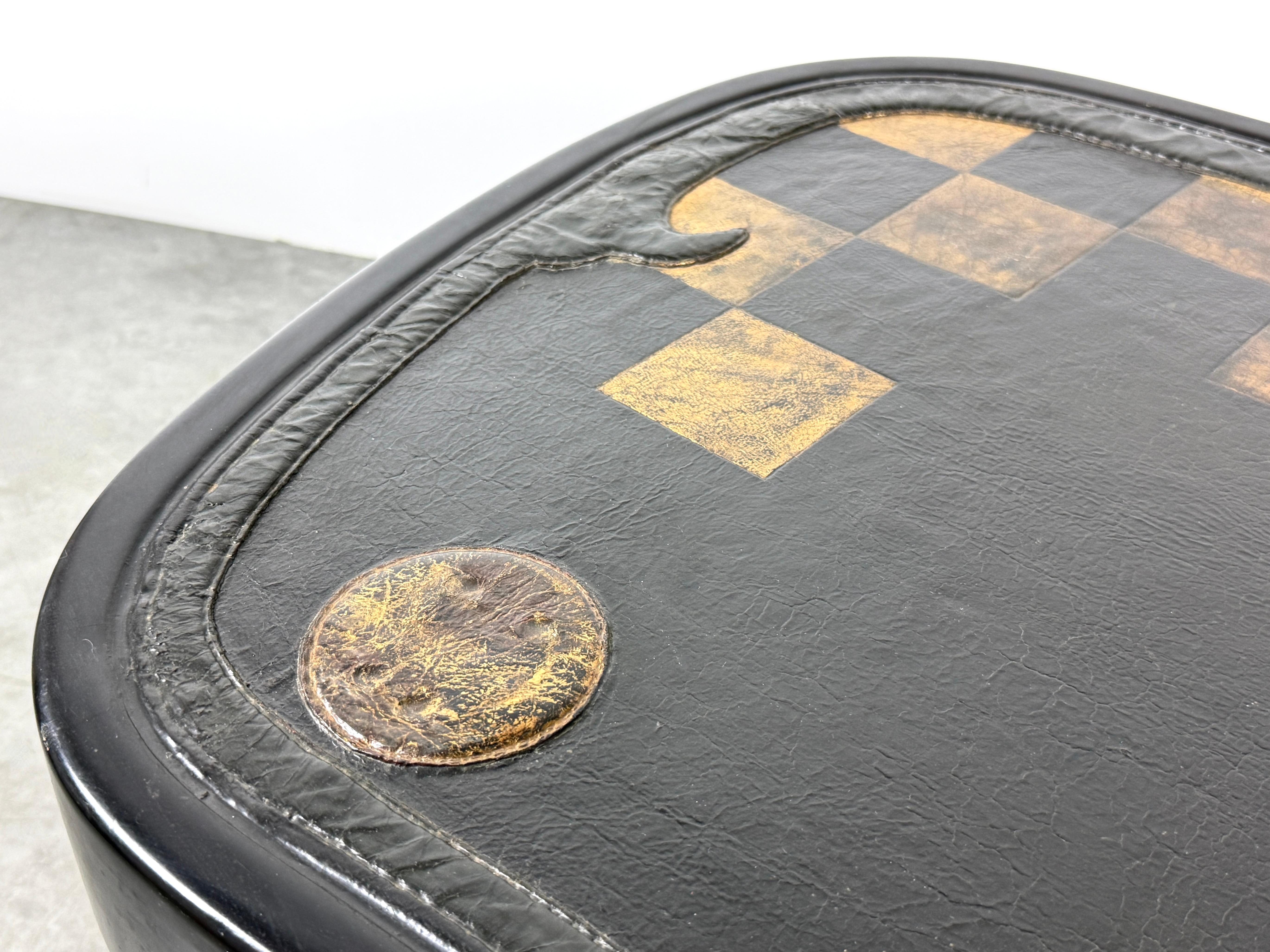 Pair of Japanese Samurai Saddle Leather Tables with Gold Checkerboard Motif For Sale 7