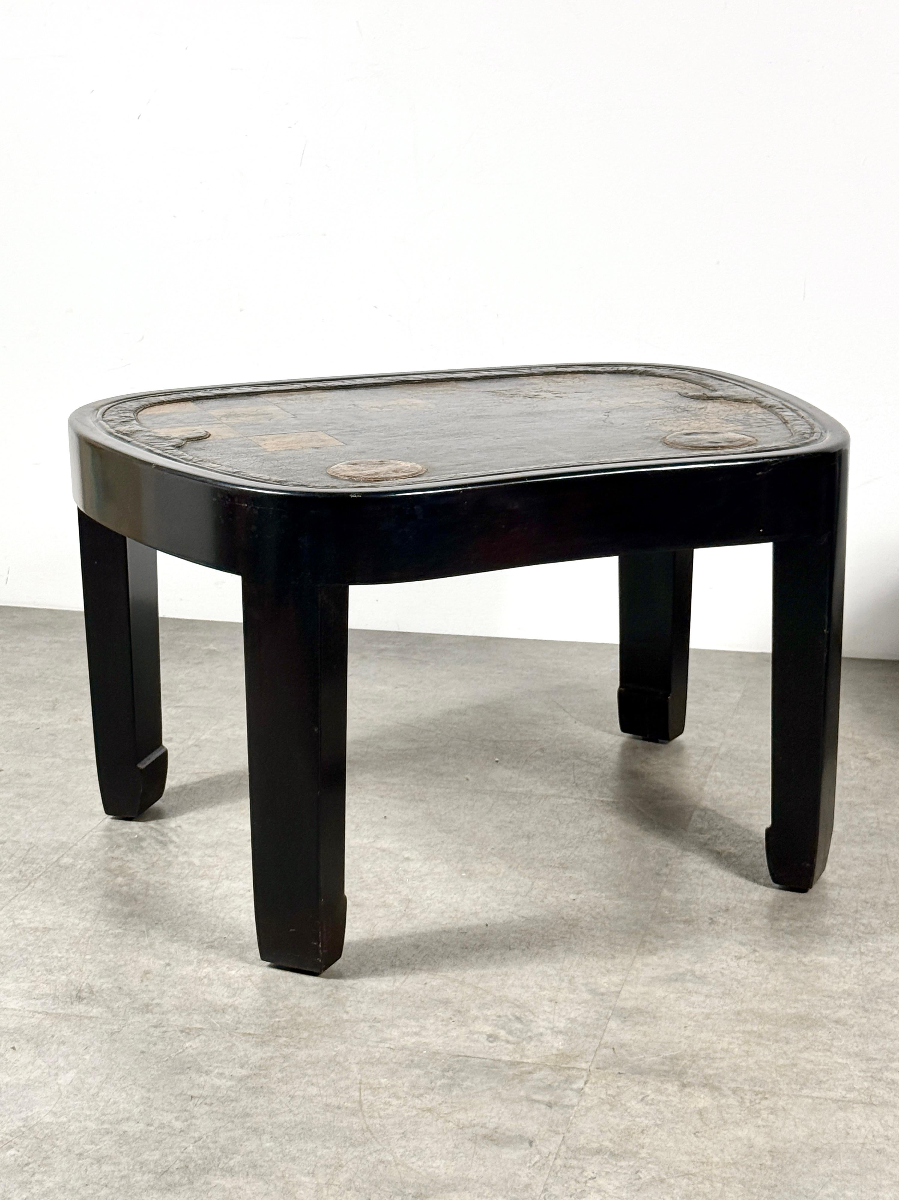 Pair of Japanese Samurai Saddle Leather Tables with Gold Checkerboard Motif For Sale 8