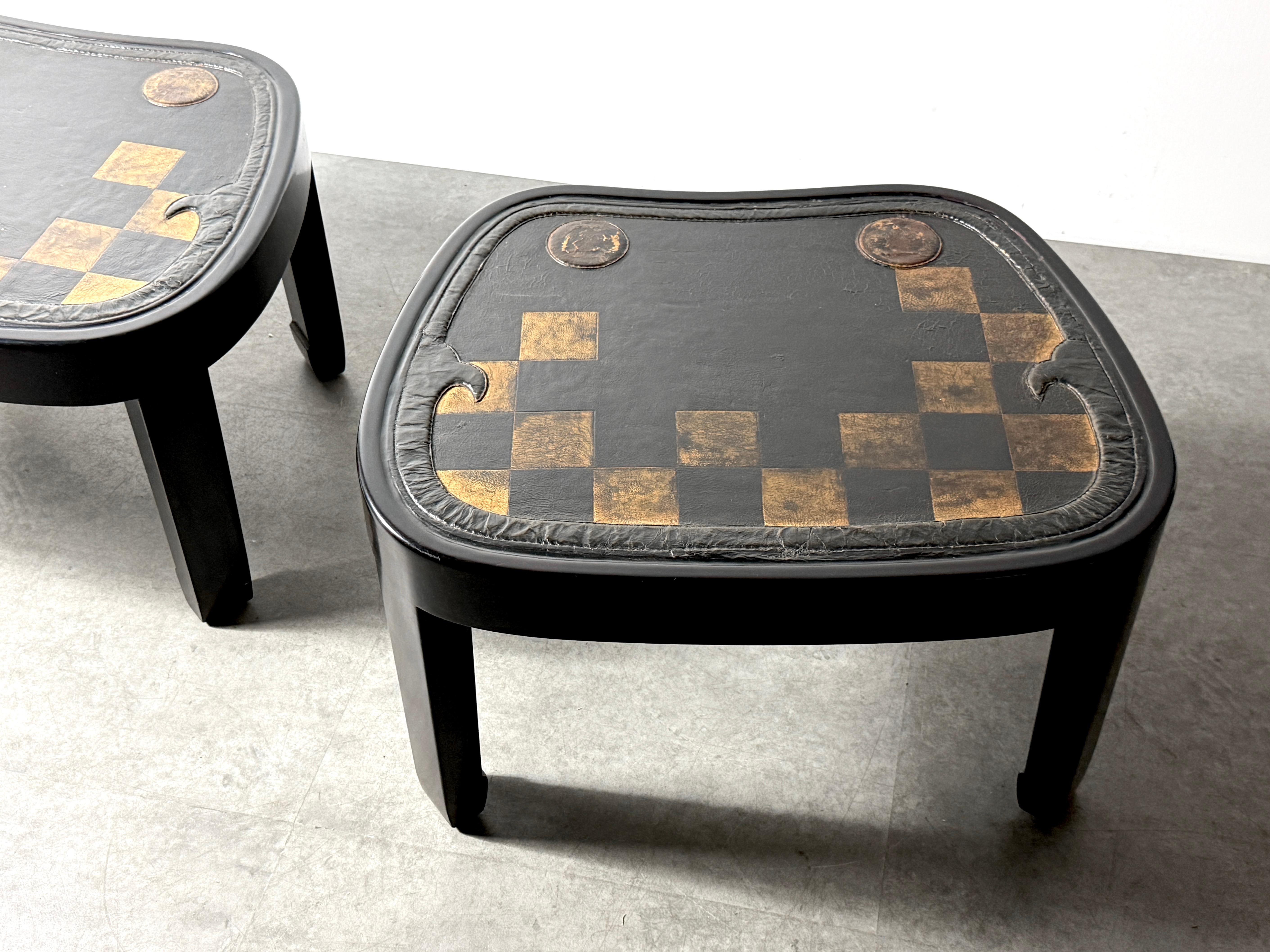 Mid-Century Modern Pair of Japanese Samurai Saddle Leather Tables with Gold Checkerboard Motif For Sale