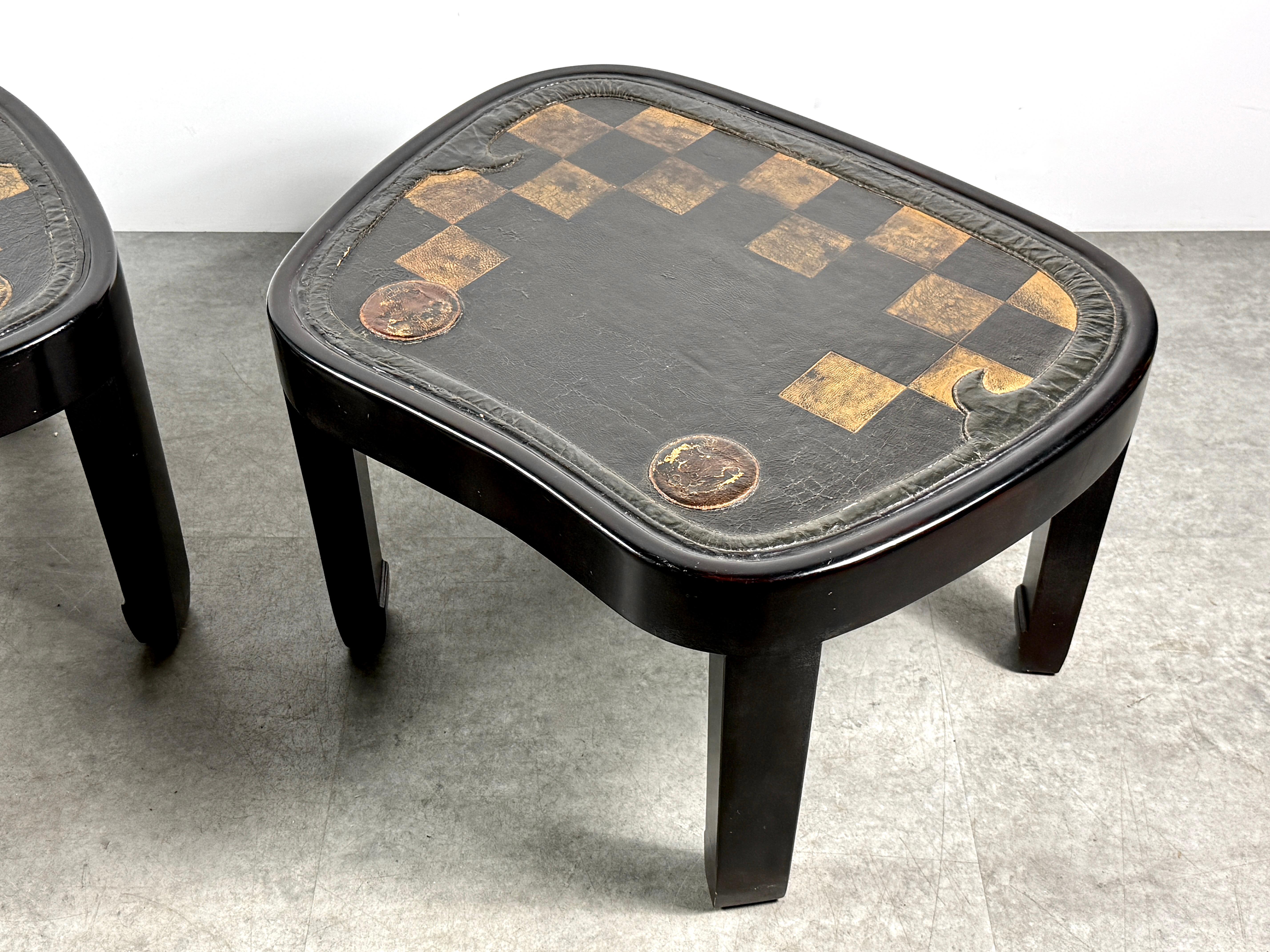 Pair of Japanese Samurai Saddle Leather Tables with Gold Checkerboard Motif In Good Condition For Sale In Troy, MI