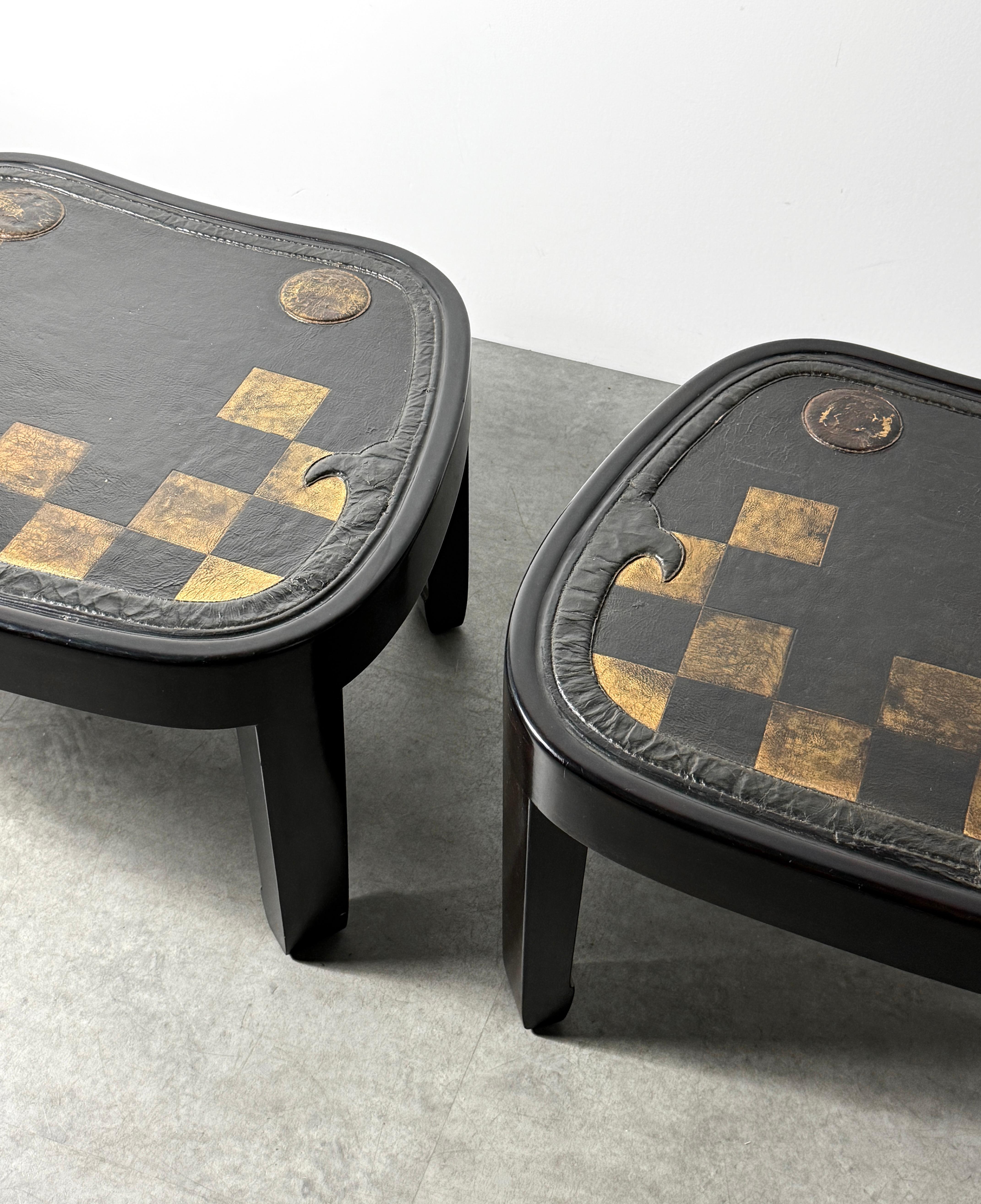 Pair of Japanese Samurai Saddle Leather Tables with Gold Checkerboard Motif For Sale 1