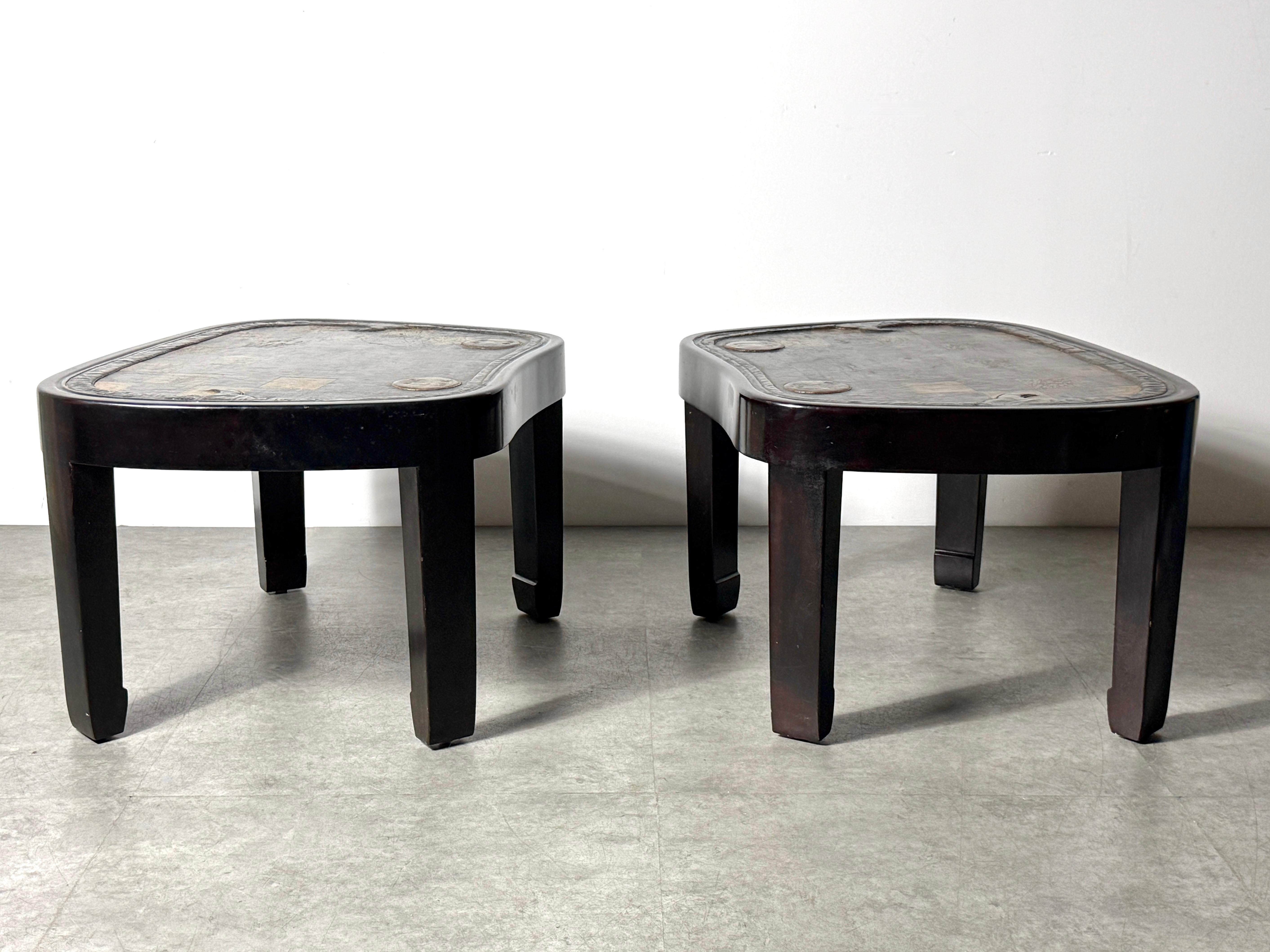 Pair of Japanese Samurai Saddle Leather Tables with Gold Checkerboard Motif For Sale 3
