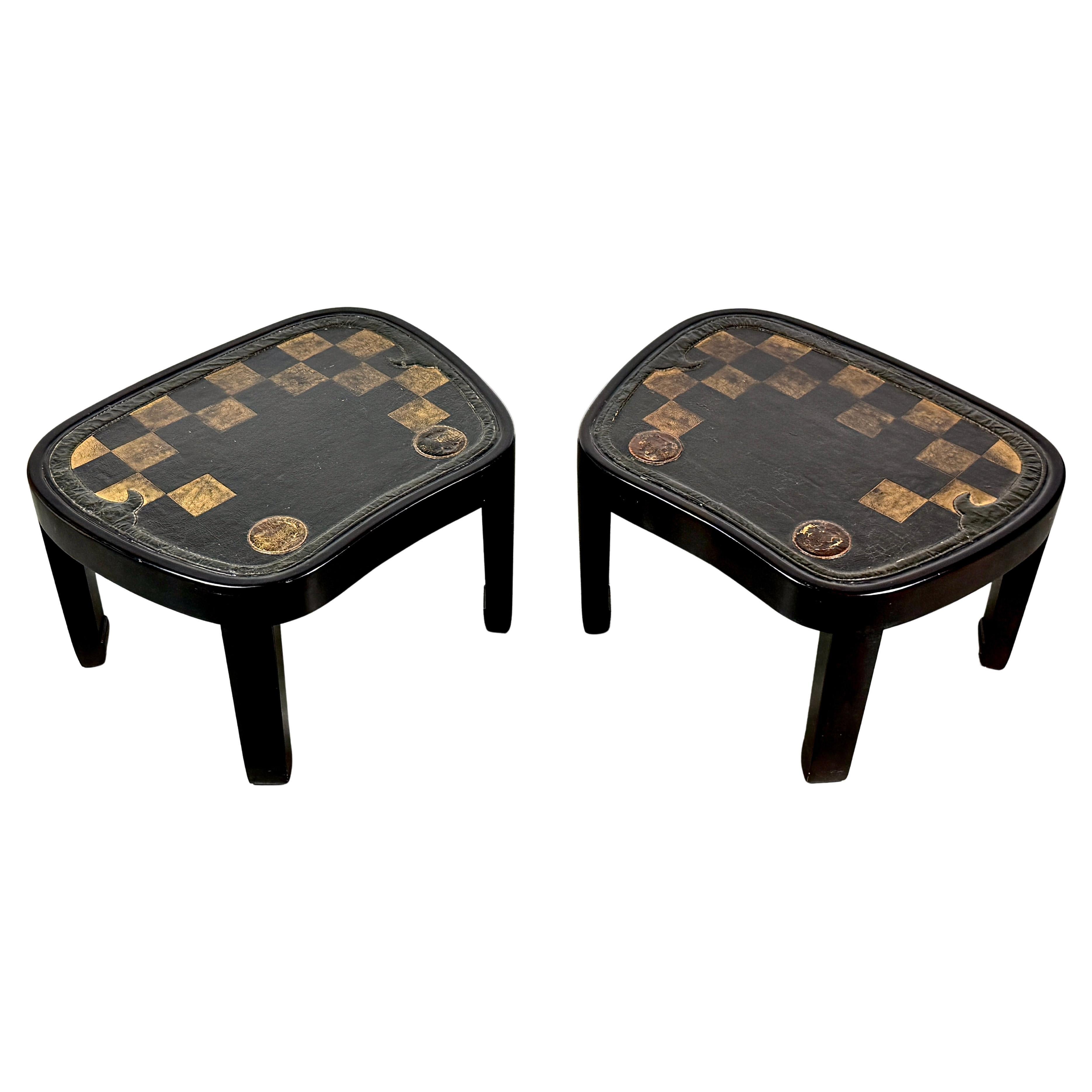 Pair of Japanese Samurai Saddle Leather Tables with Gold Checkerboard Motif For Sale