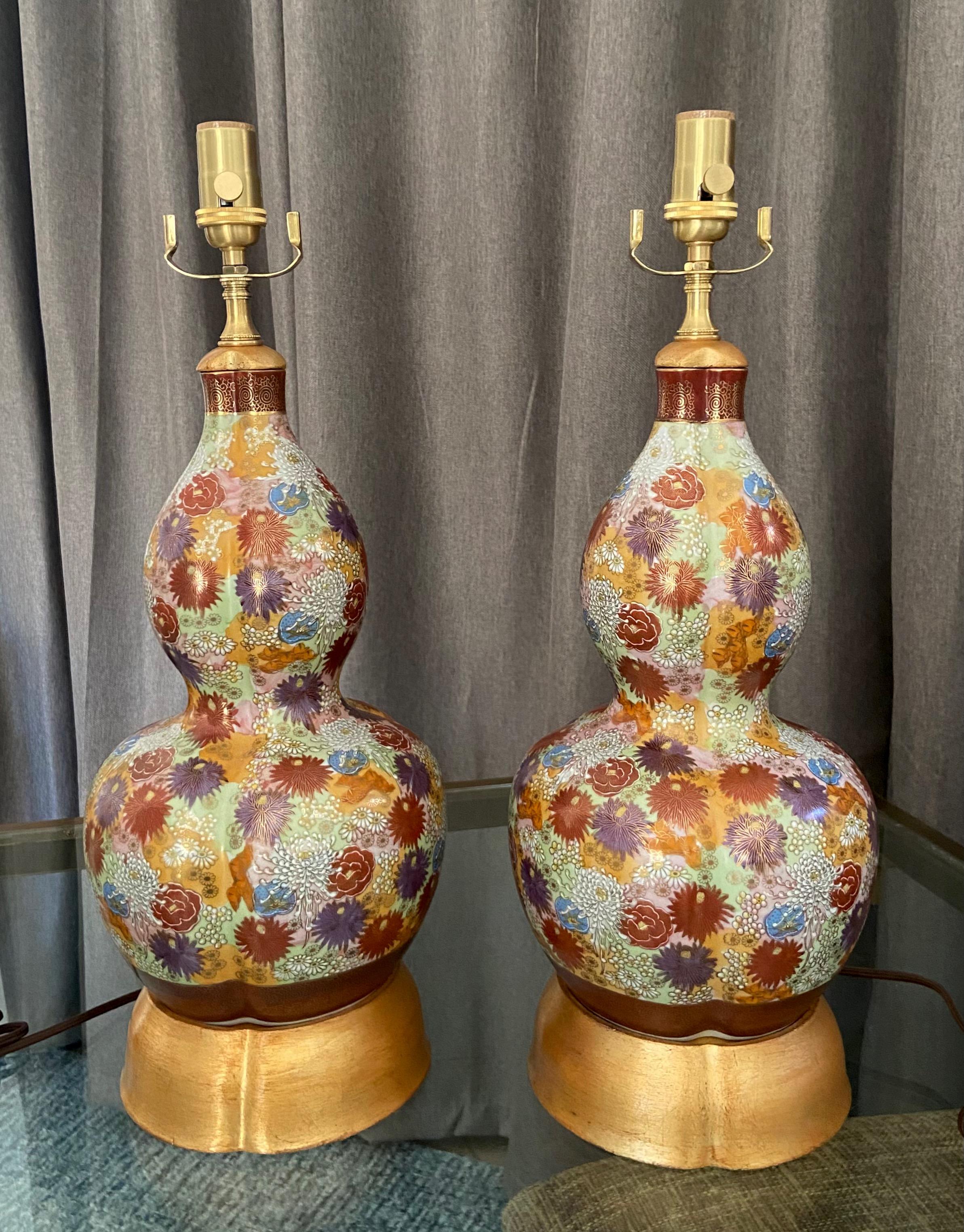 Pair of Japanese Satsuma Floral Porcelain Table Lamps For Sale 6
