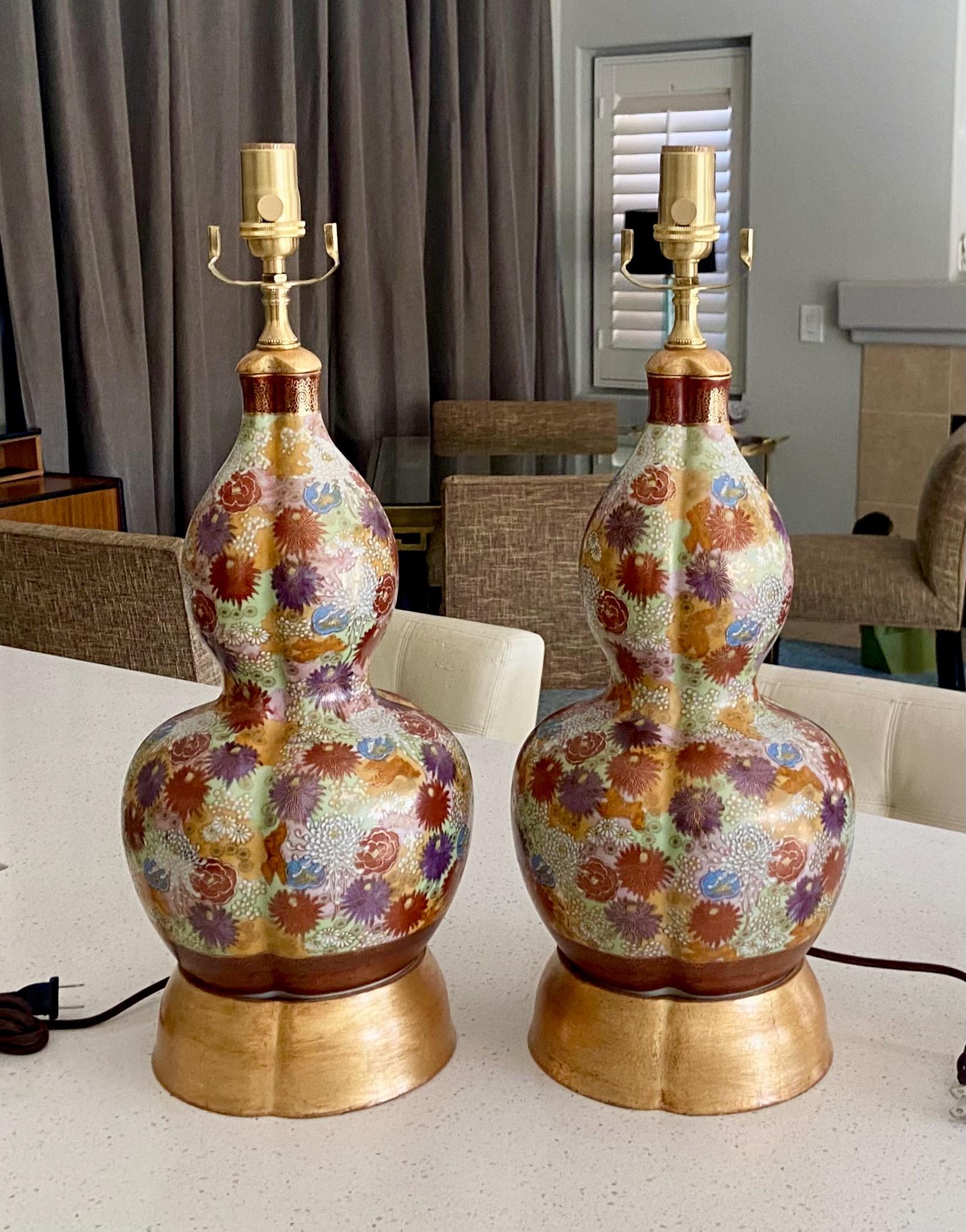 Pair of Japanese Satsuma Floral Porcelain Table Lamps For Sale 2