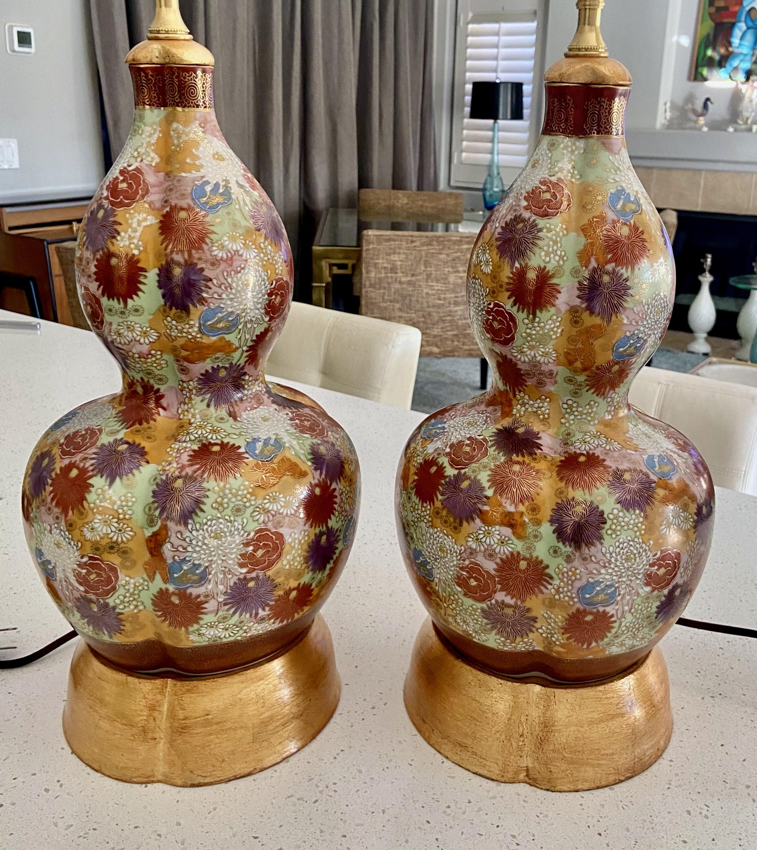 Pair of Japanese Satsuma Floral Porcelain Table Lamps For Sale 4