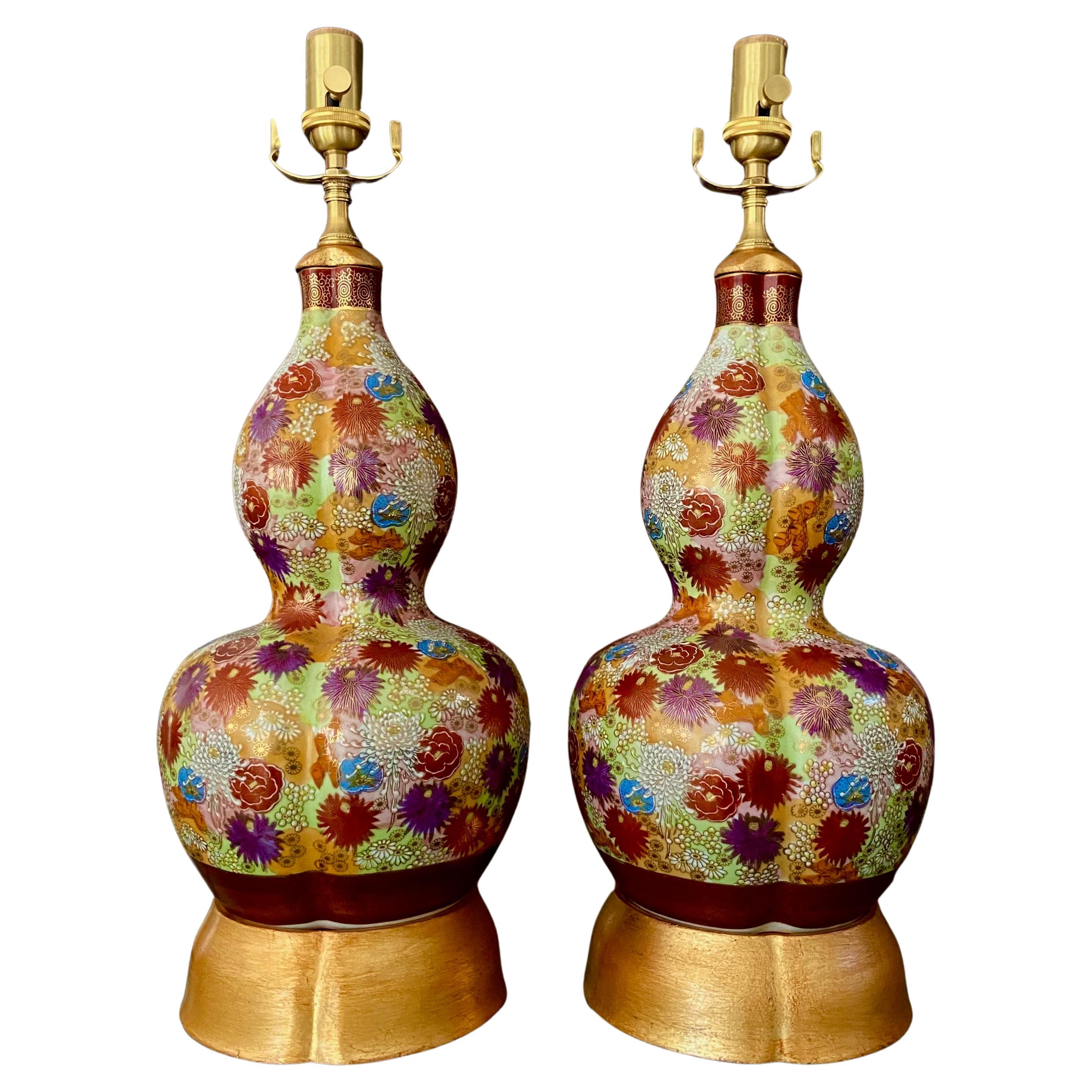 Pair of Japanese Satsuma Floral Porcelain Table Lamps For Sale
