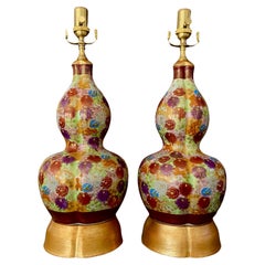 Vintage Pair of Japanese Satsuma Floral Porcelain Table Lamps