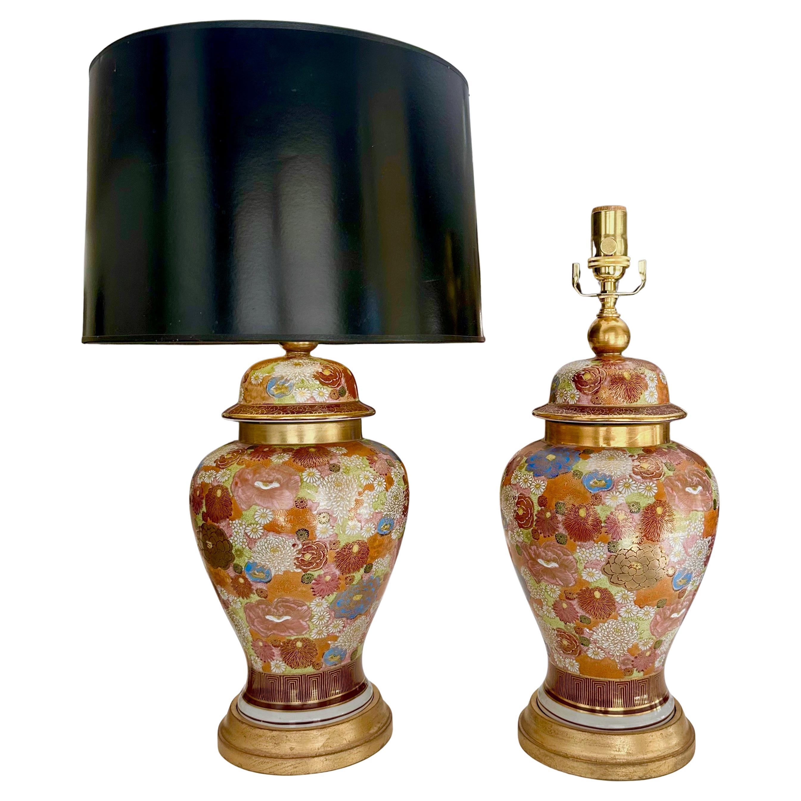 Pair of Japanese Satsuma Floral Porcelain Table Lamps