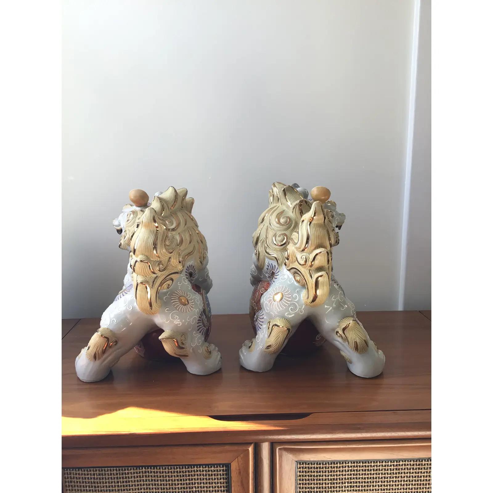 Late 20th Century Pair of Japanese Satsuma Kutani Porcelain Foo Dogs Sculptures/Figurines For Sale