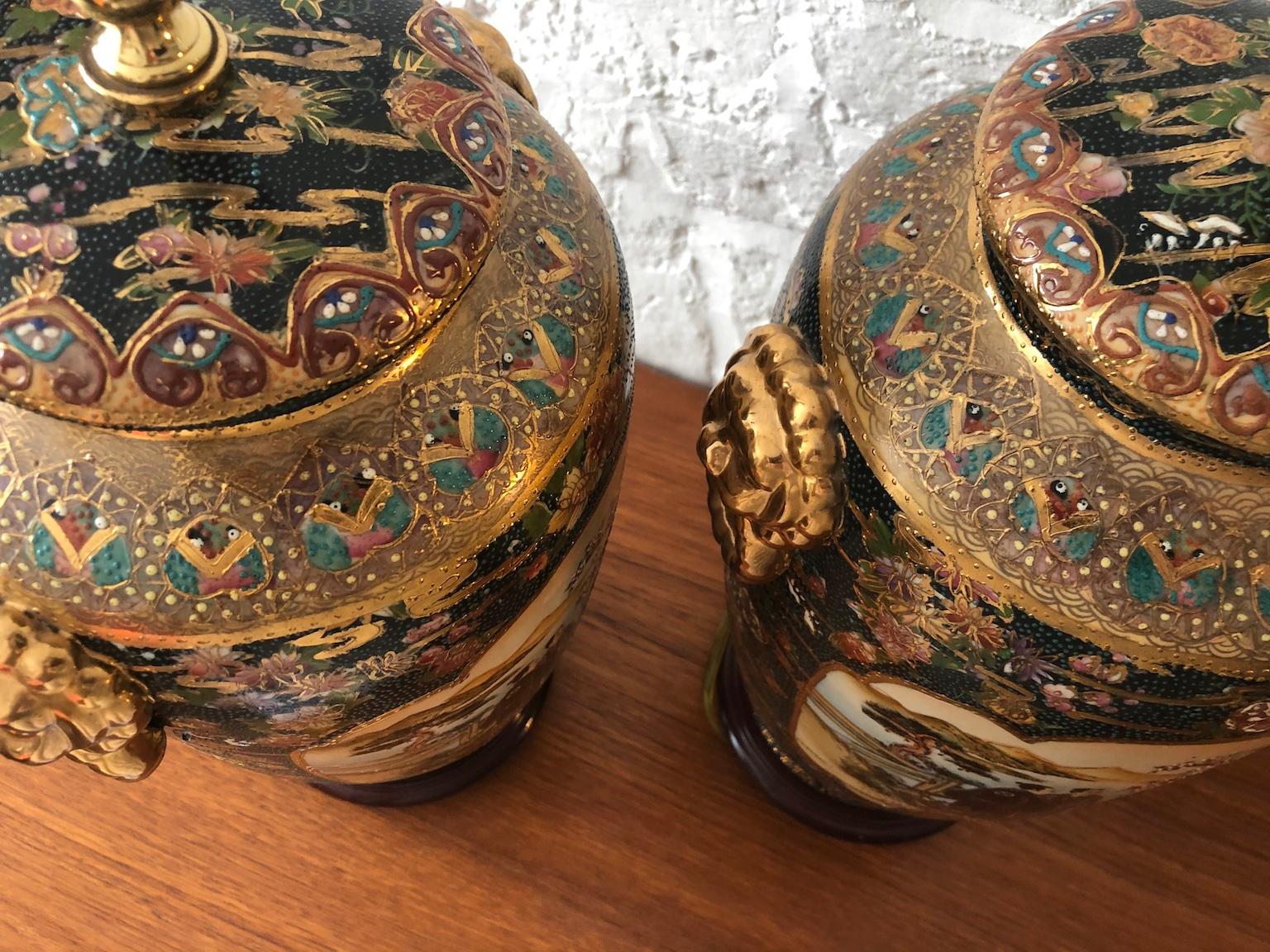 Pair of Japanese Satsuma Moriage Double Sided Hand Painted Vase Lamps 1