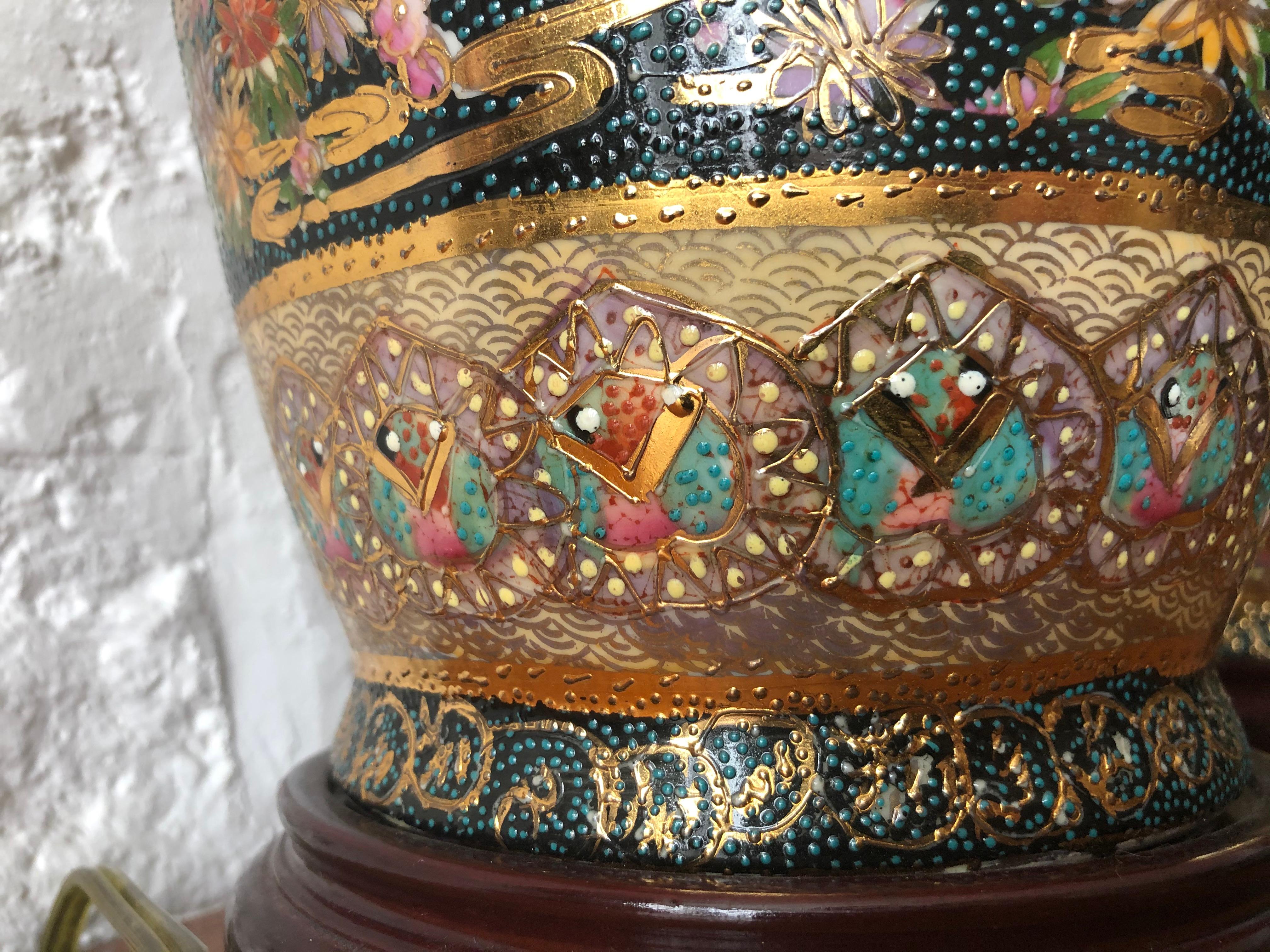 Pair of Japanese Satsuma Moriage Double Sided Hand Painted Vase Lamps 3
