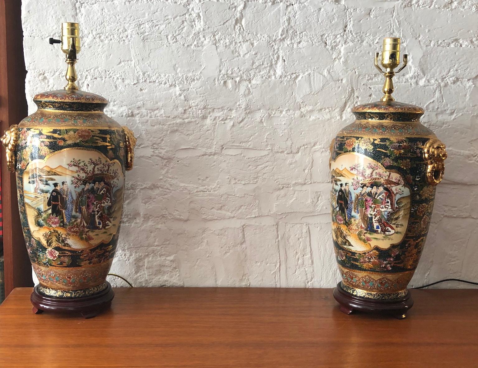 Modern Pair of Japanese Satsuma Moriage Double Sided Hand Painted Vase Lamps