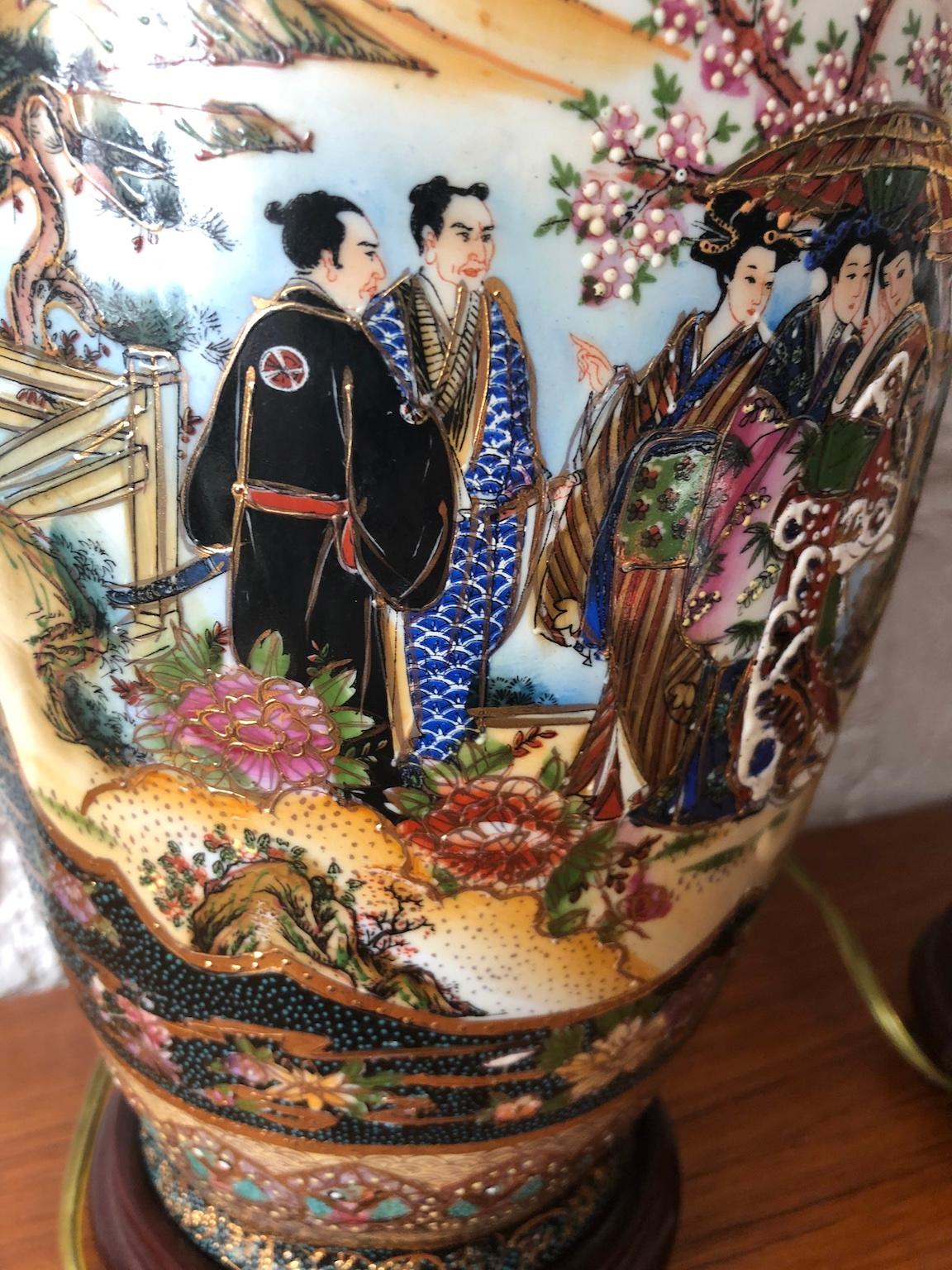 20th Century Pair of Japanese Satsuma Moriage Double Sided Hand Painted Vase Lamps