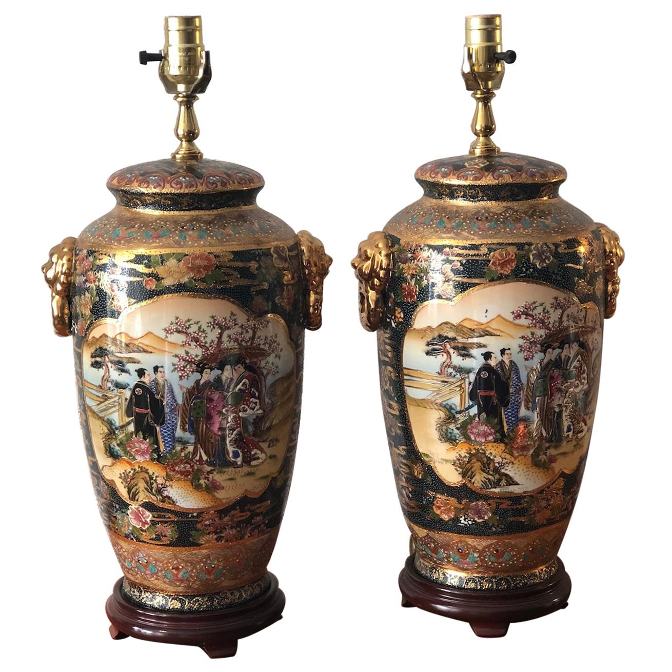 Pair of Japanese Satsuma Moriage Double Sided Hand Painted Vase Lamps